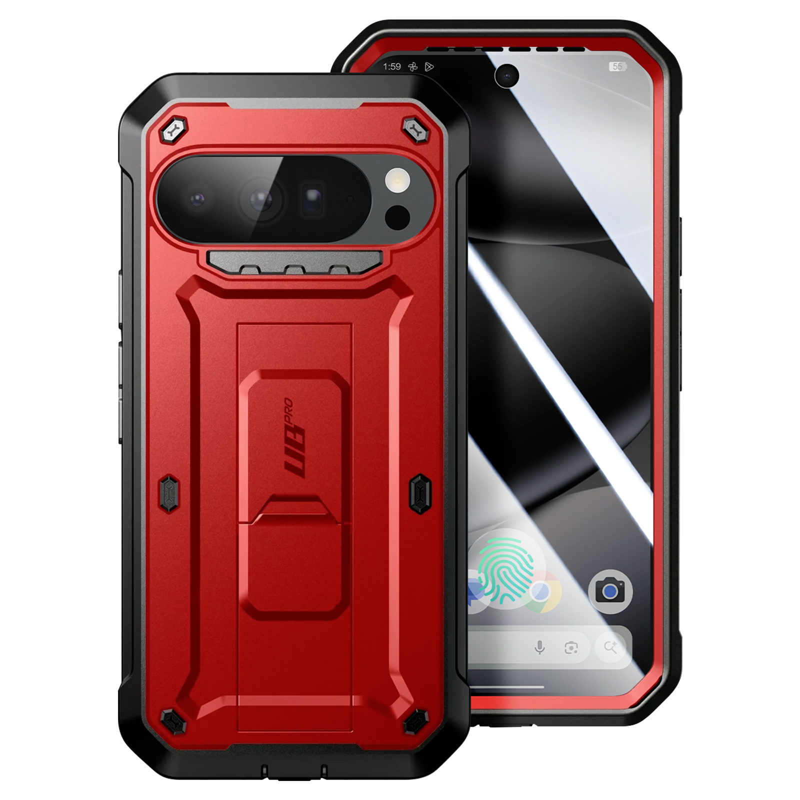 Custodia rossa con bordo nero, protegge un telefono. Lo schermo mostra le app.