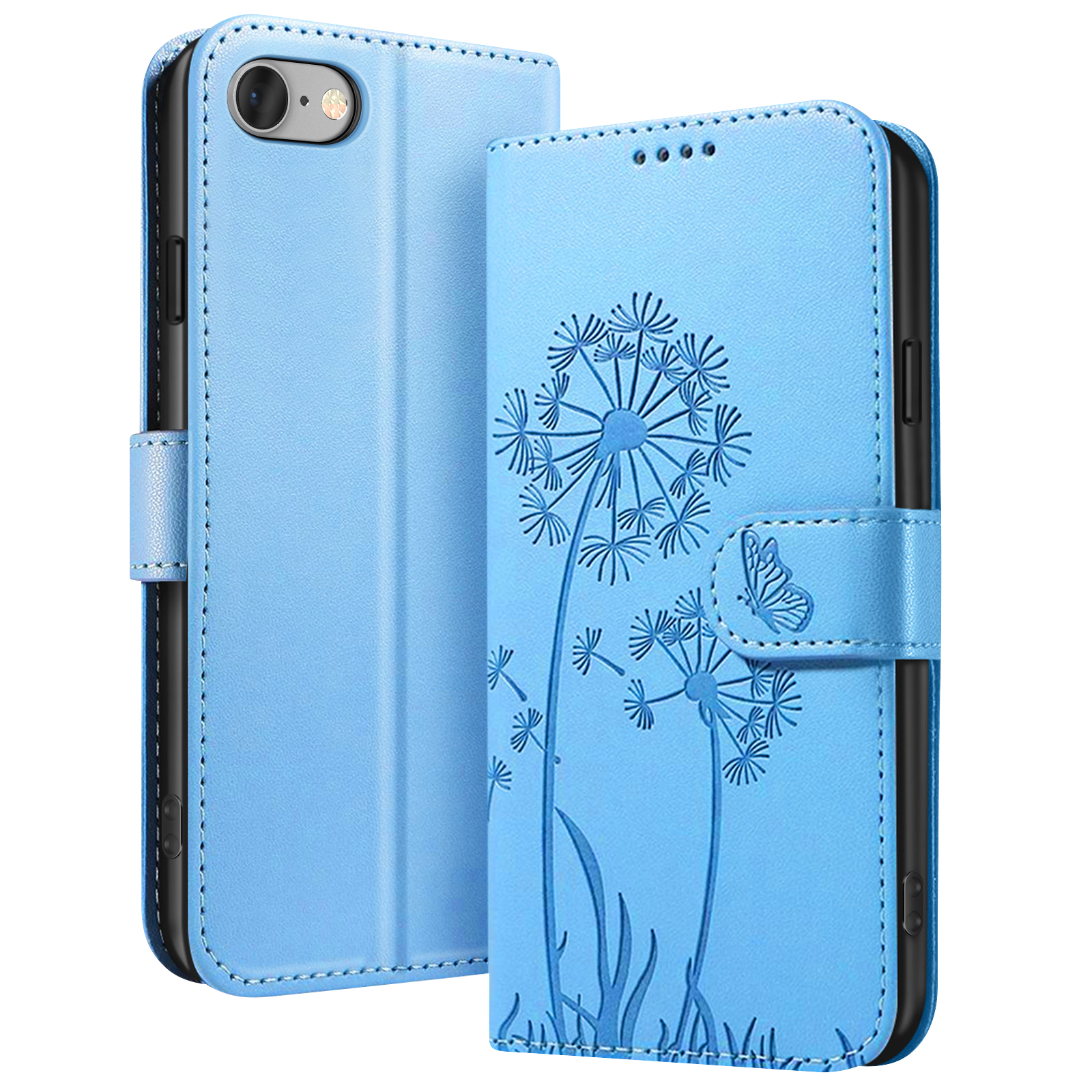 Custodia per telefono azzurra con disegni di dente di leone e farfalla. Aperta, mostra fotocamera e pulsanti.