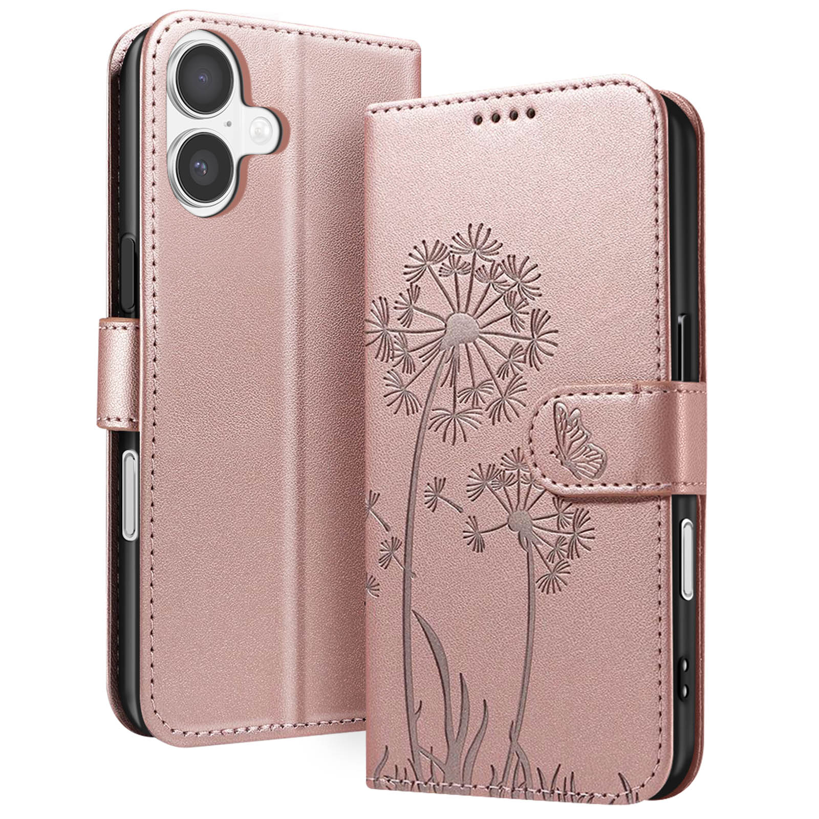 Una custodia per telefono oro rosa aperta con rilievo di dente di leone e farfalla. Il telefono è a sinistra.