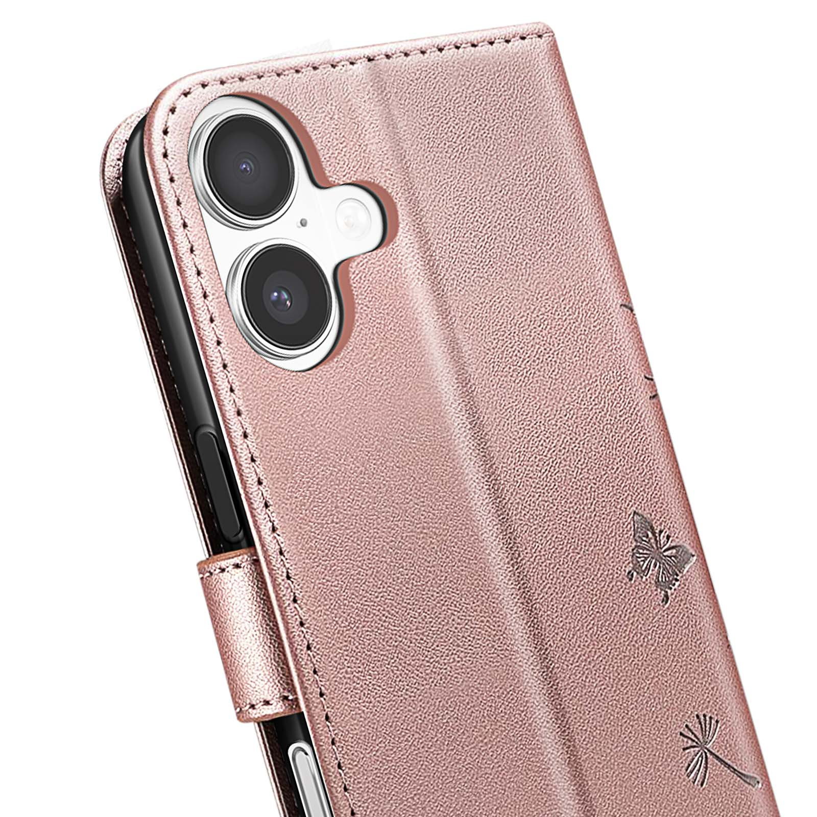 Custodia per telefono color oro rosa con disegni di farfalle e piante. Sono visibili due obiettivi della fotocamera. La custodia è cucita.