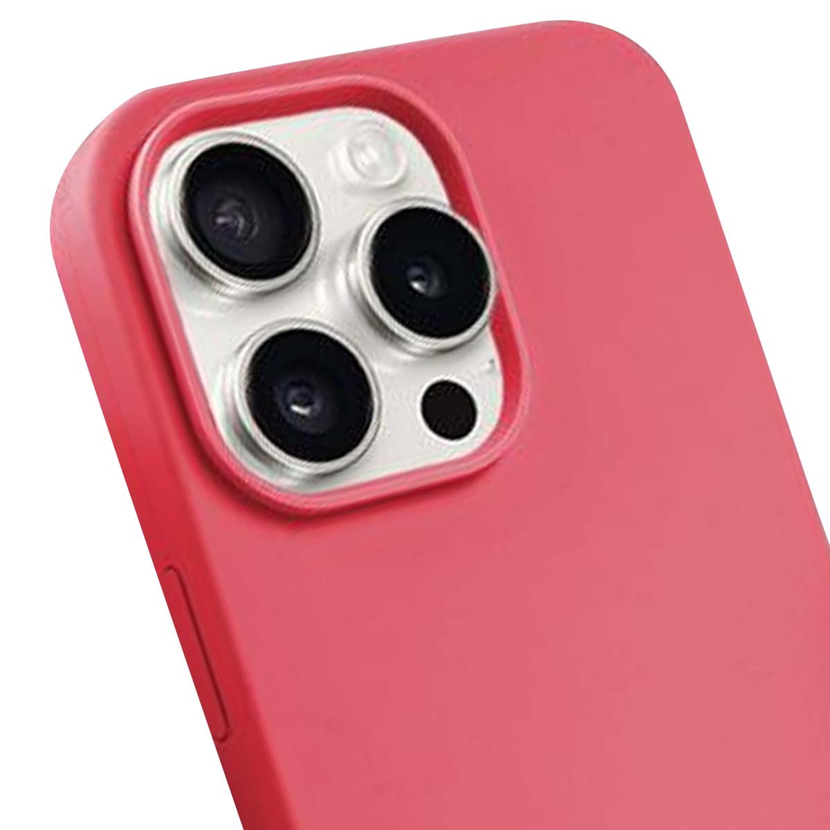Primo piano di una custodia per telefono rosa con lenti della fotocamera. La custodia è rosa tinta unita, con una cornice argentata che contiene tre grandi lenti.