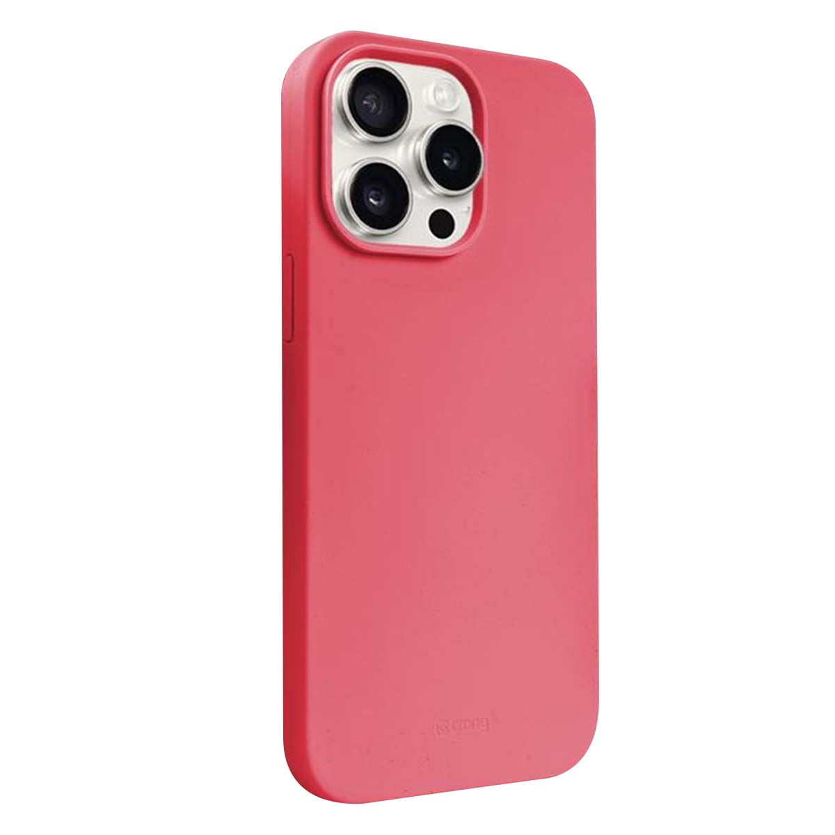 È mostrata una custodia rosa per telefono con ritagli per la fotocamera. La custodia è liscia e ha angoli arrotondati. Le lenti della fotocamera sono visibili.