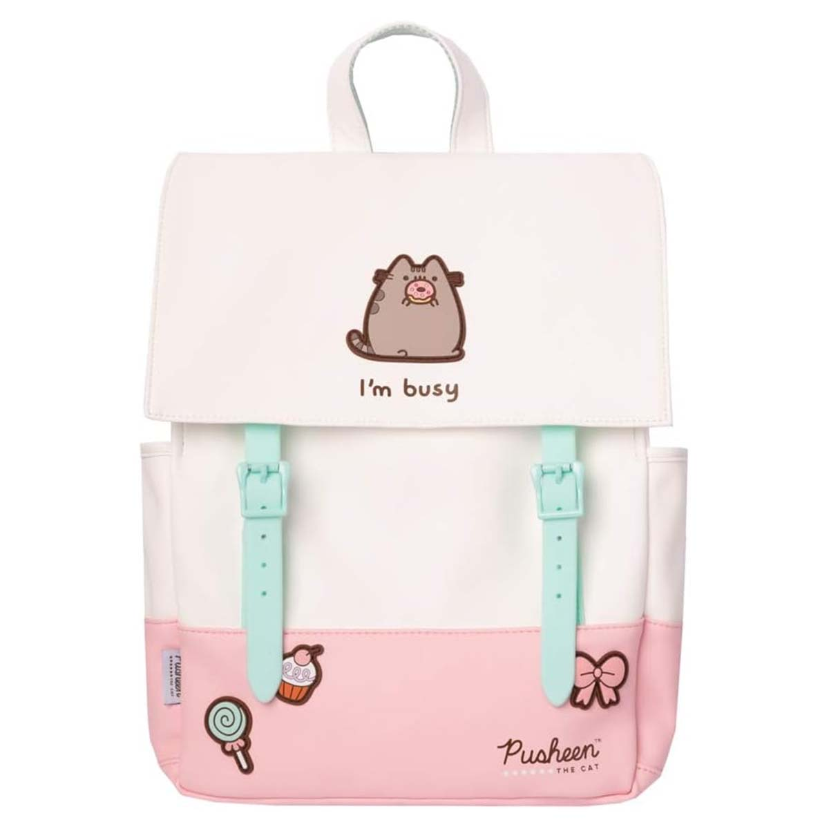 Uno zaino bianco e rosa con un'illustrazione di gatto e la scritta 'I'm busy'. Ha cinghie verde menta e un manico.