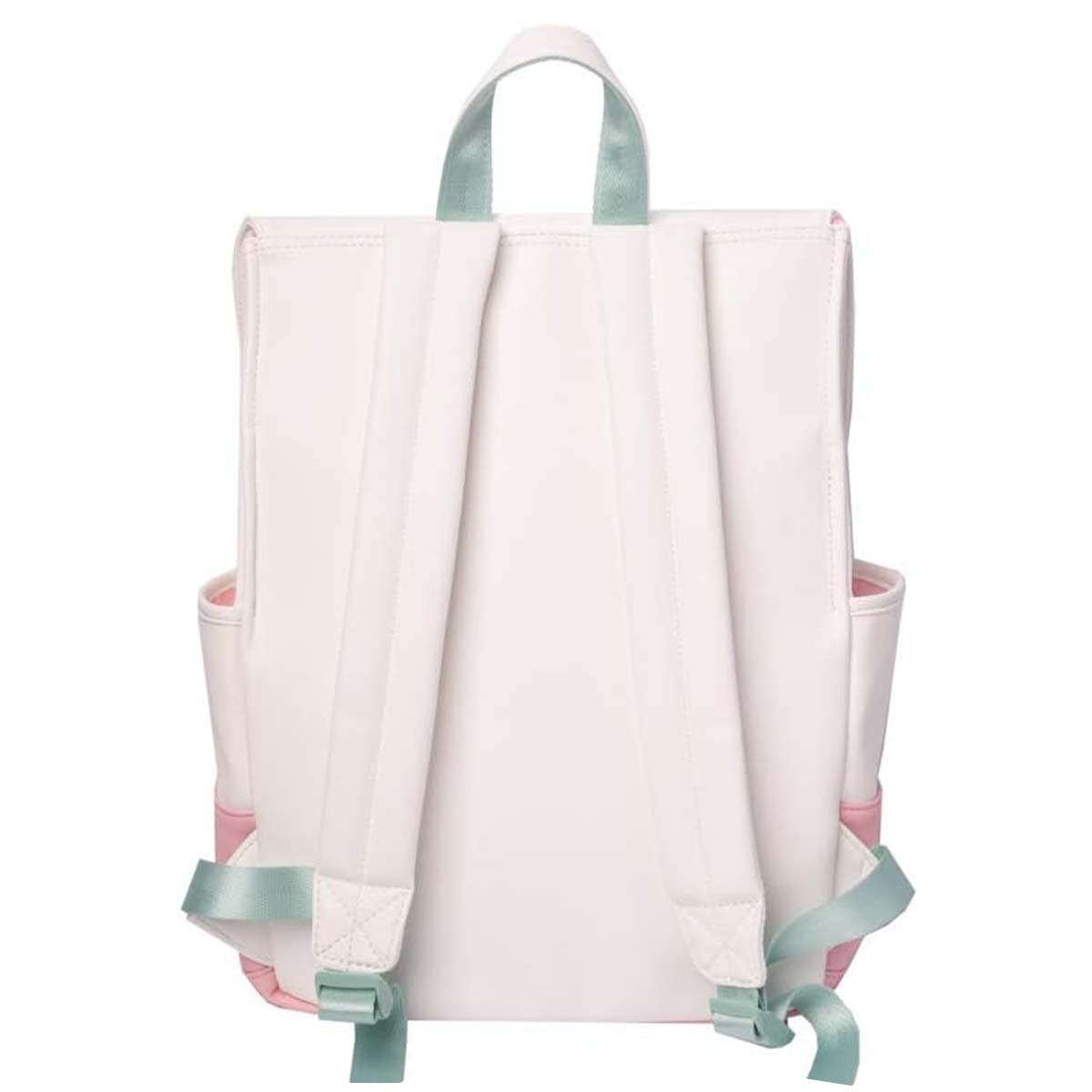 Zaino bianco con dettagli rosa e verde acqua. Presenta spallacci, manico e tasche laterali. Design pulito.