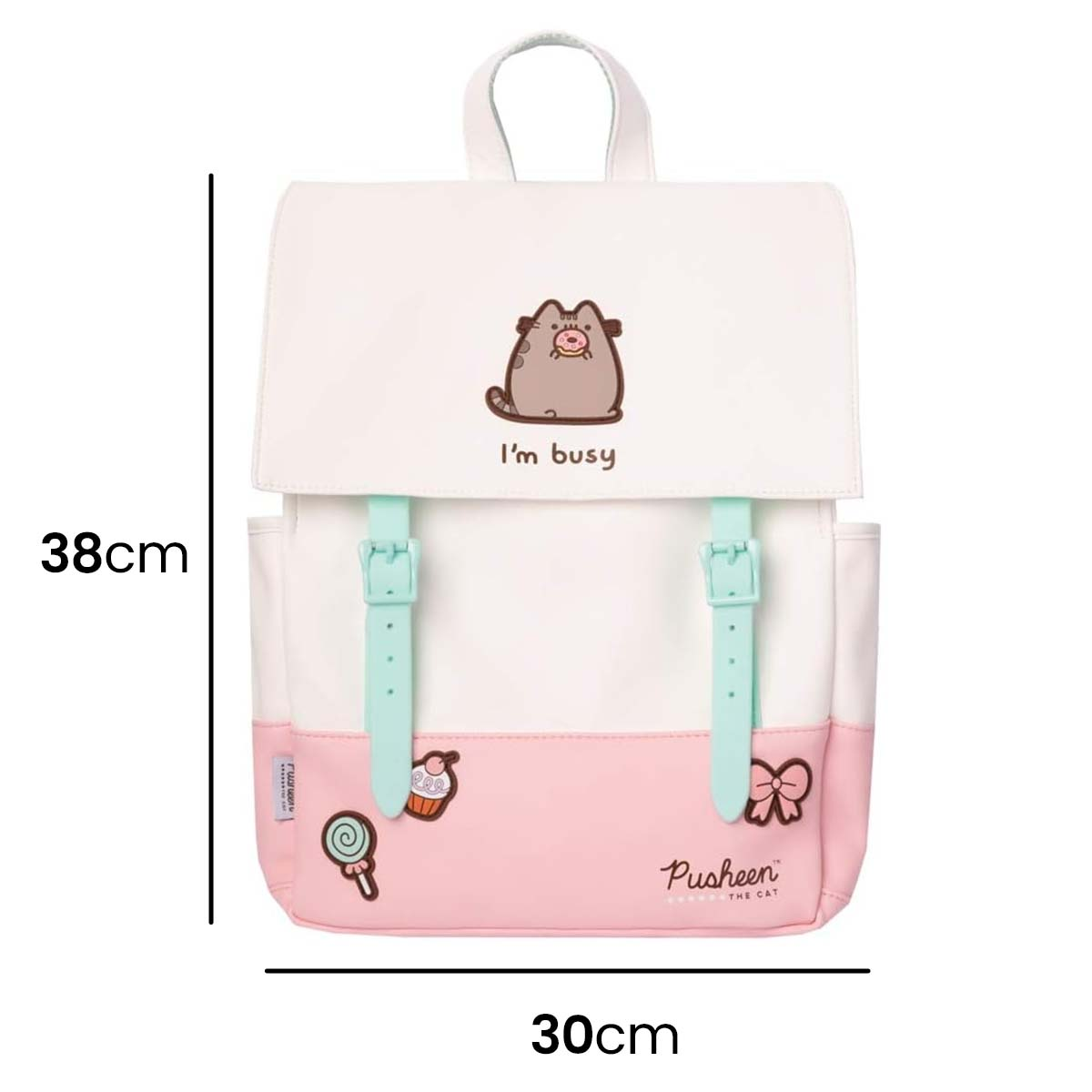 Uno zaino Pusheen bianco e rosa, alto 38 cm e largo 30 cm, con un'illustrazione di gatto e la scritta 'I'm busy'.