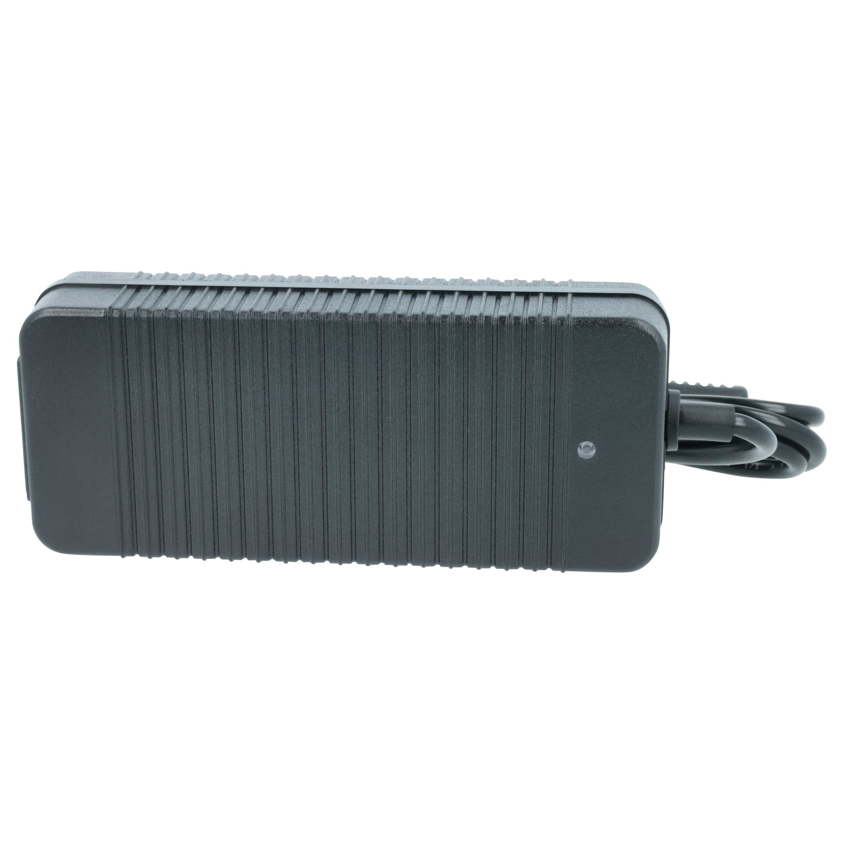 Ein dunkelgrauer Netzadapter mit gerippter Oberfläche und einem schwarzen Kabel.