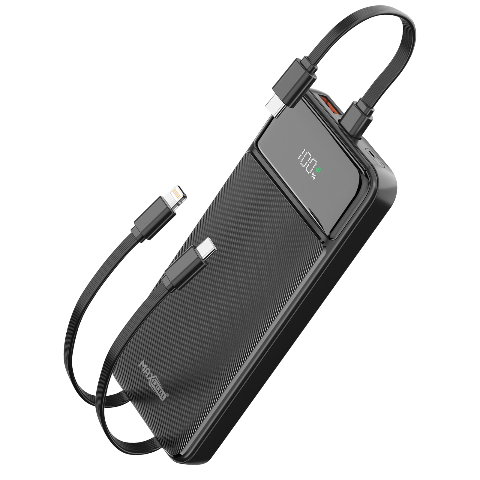 Banco de energía negro con dos cables de carga adjuntos. Una pantalla muestra el 100%. Los cables tienen conectores USB-C y Lightning.