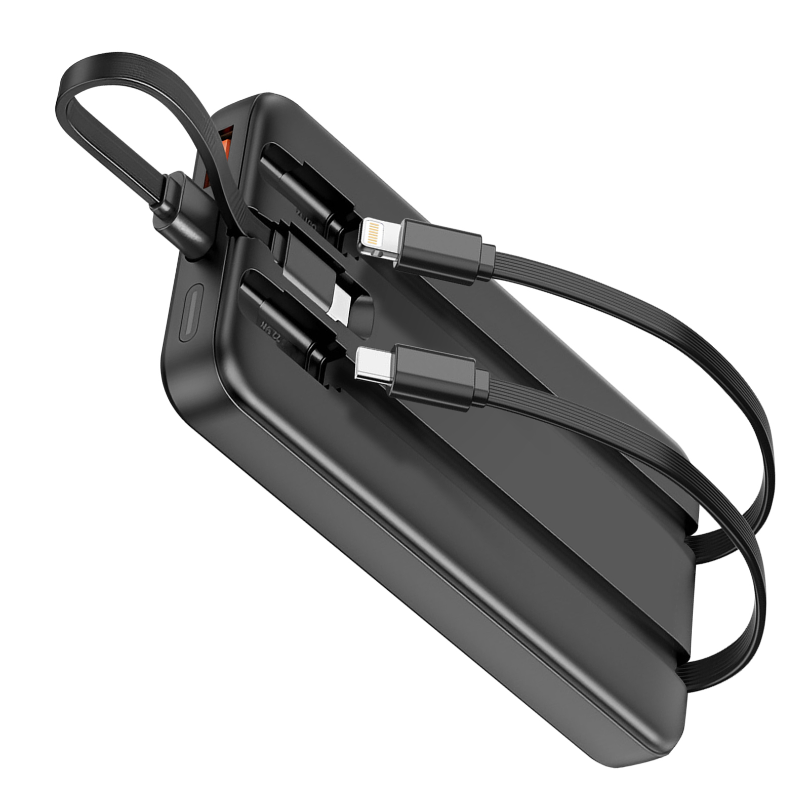Banco de energía negro con cables adjuntos. Se ven los conectores Lightning y USB-C. El fondo es blanco.