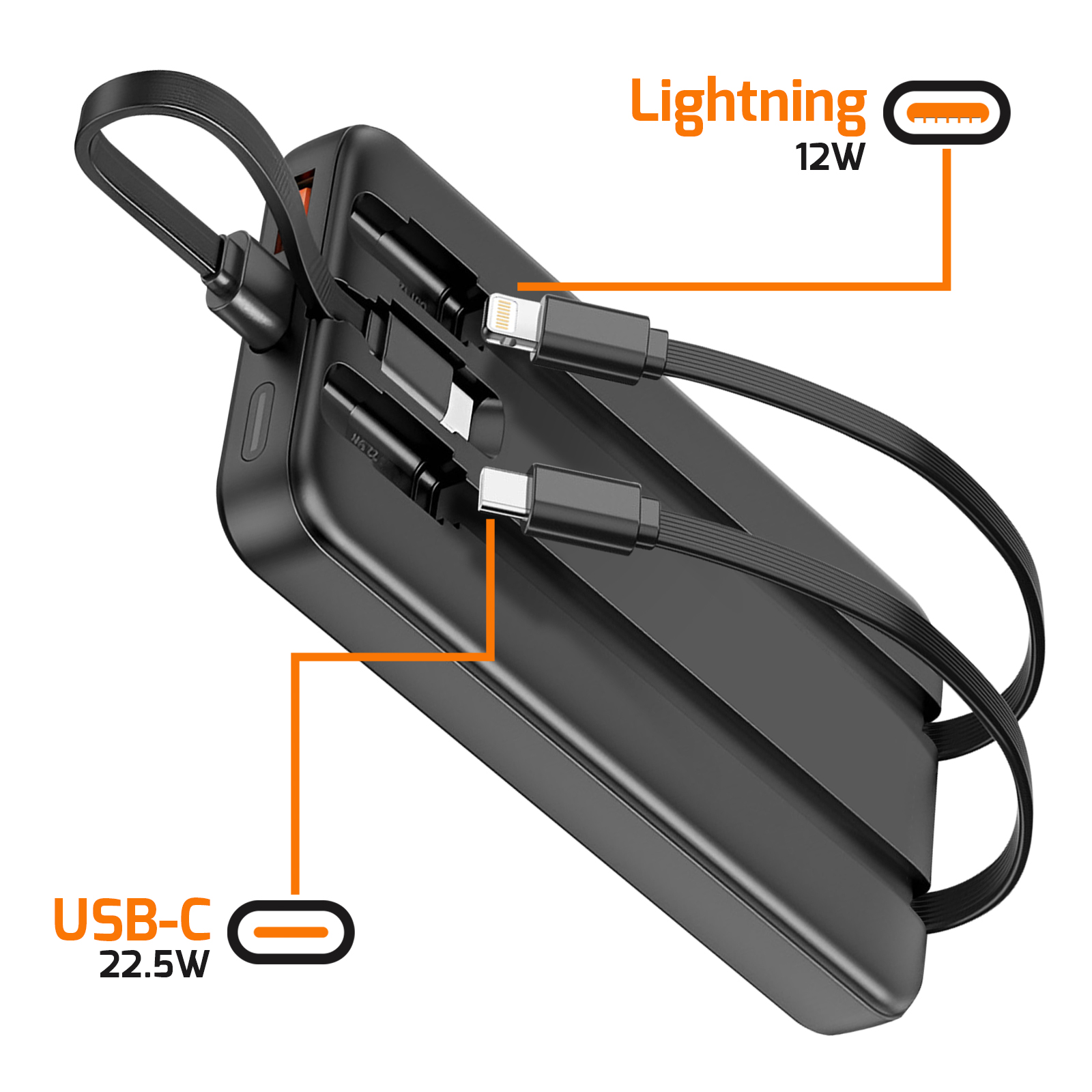 Banco de energía negro con conectores USB-C y Lightning, etiquetado 22,5W y 12W. Incluye un bucle para llevar.
