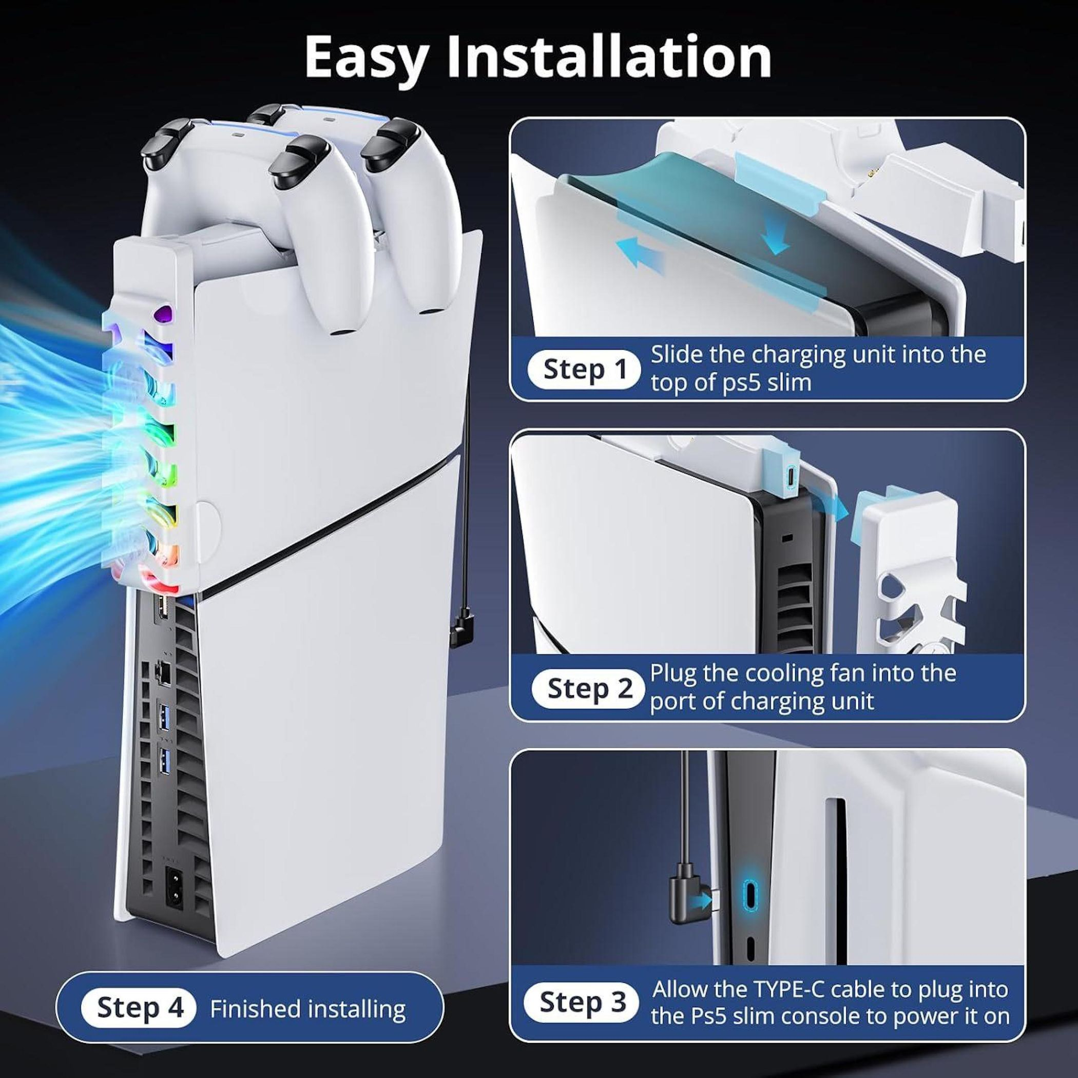 La imagen muestra una consola PS5 blanca con una unidad de carga y mandos. Las instrucciones muestran los pasos de instalación.