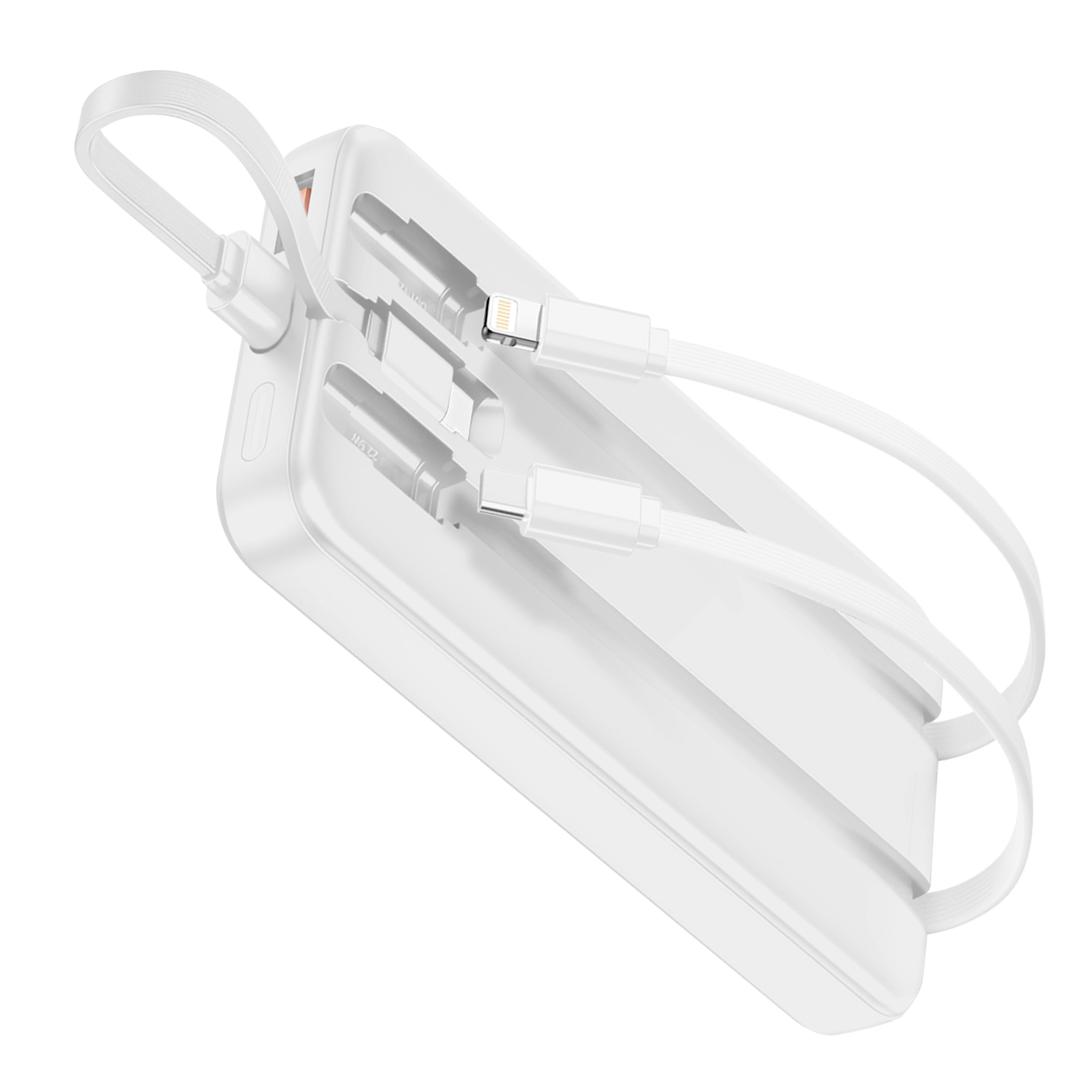 Une banque d'alimentation blanche avec trois câbles de chargement attachés sur fond blanc. Elle a une poignée.
