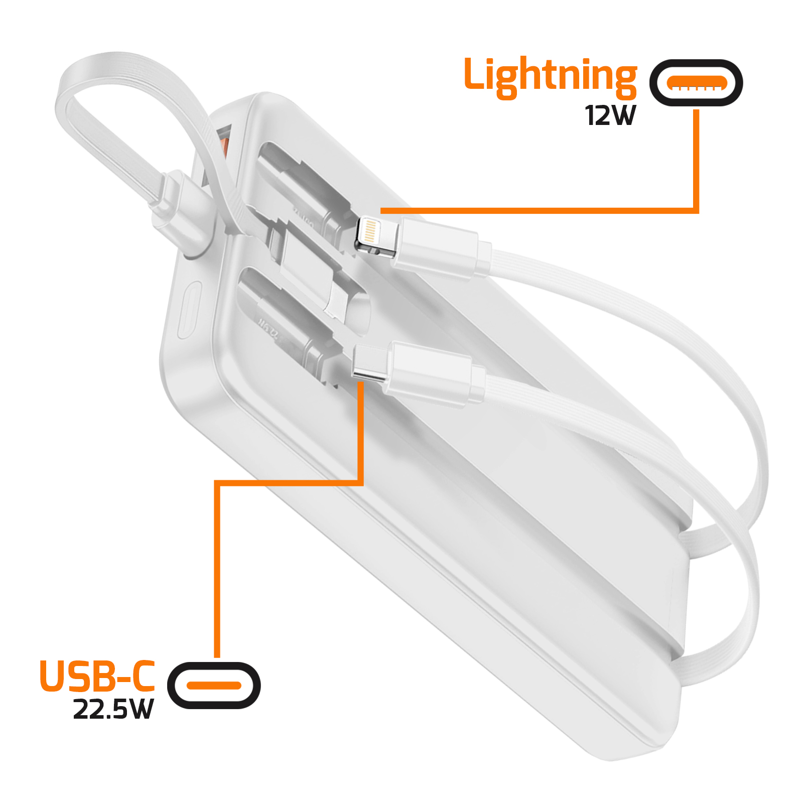 Batterie externe blanche avec ports Lightning et USB-C. Étiquettes oranges indiquent sorties 12W et 22.5W.