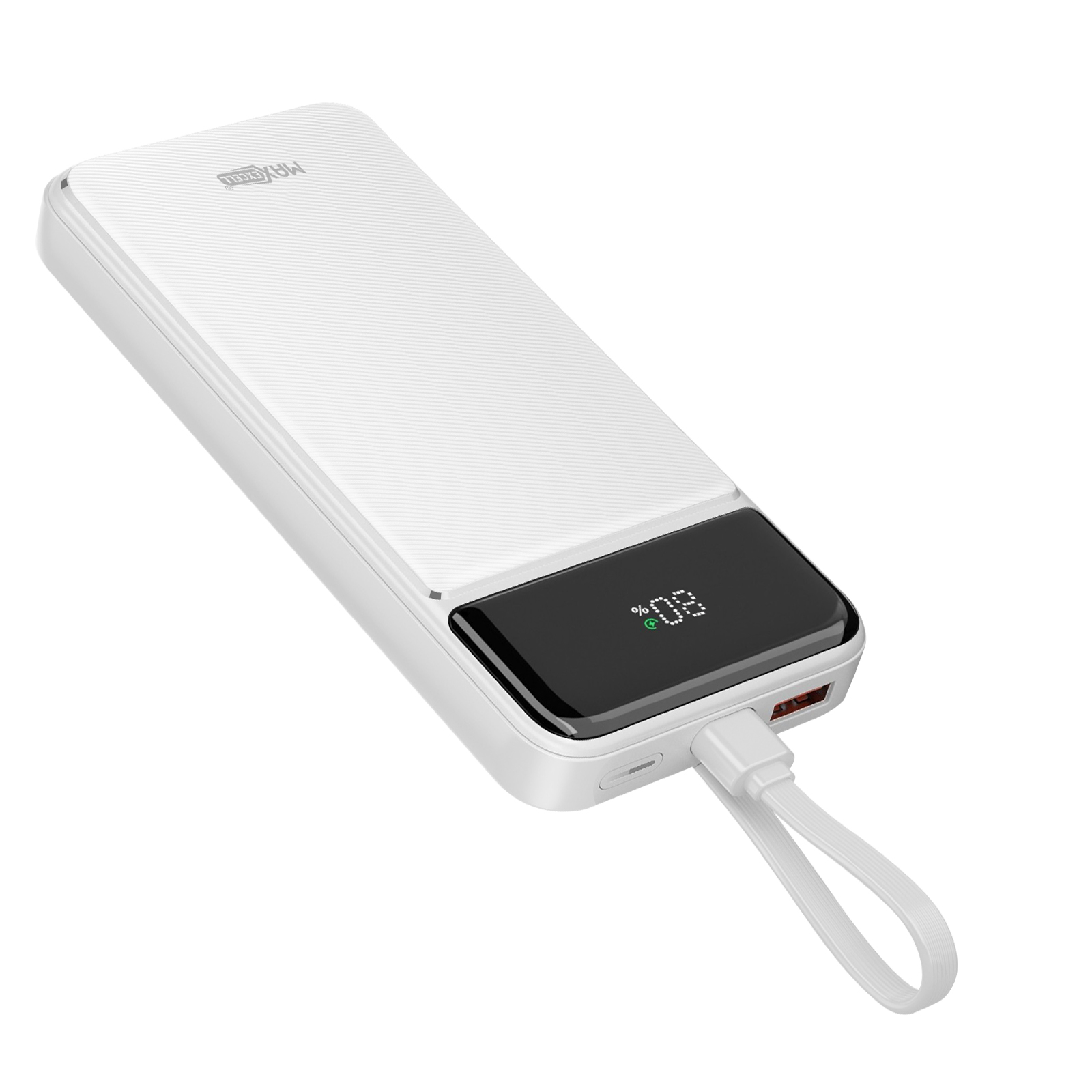 Batterie externe blanche avec affichage numérique indiquant 80 %. Une sangle blanche est attachée.