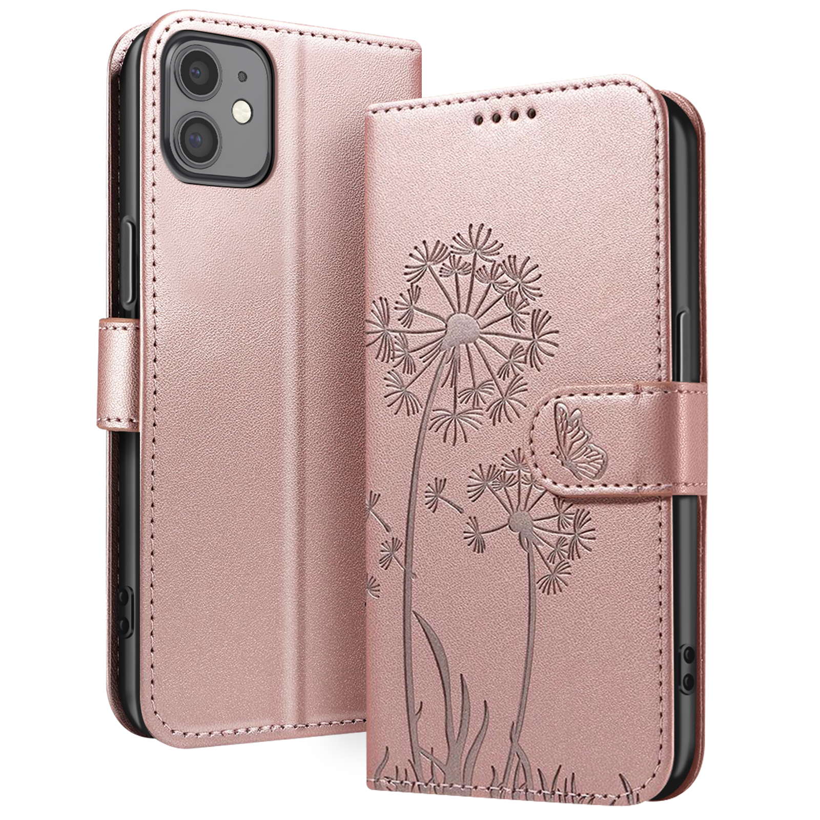 Custodia rosa per telefono con design a soffione. Presenta una farfalla e bordi cuciti. La custodia è aperta.
