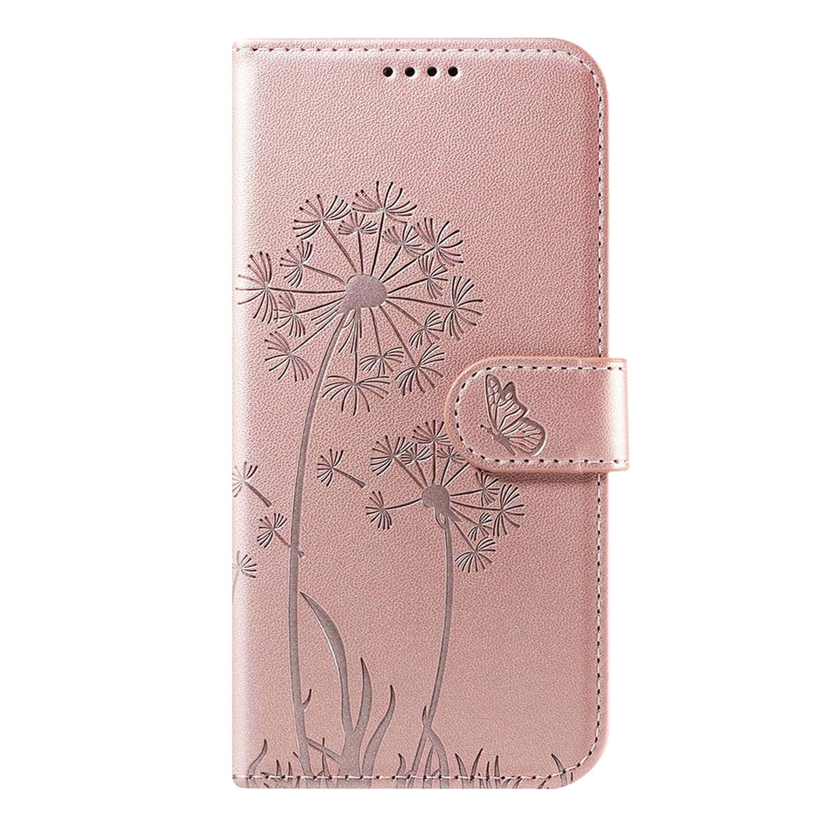Custodia per telefono rosa con design a dente di leone, chiusura a farfalla. La custodia è chiusa.