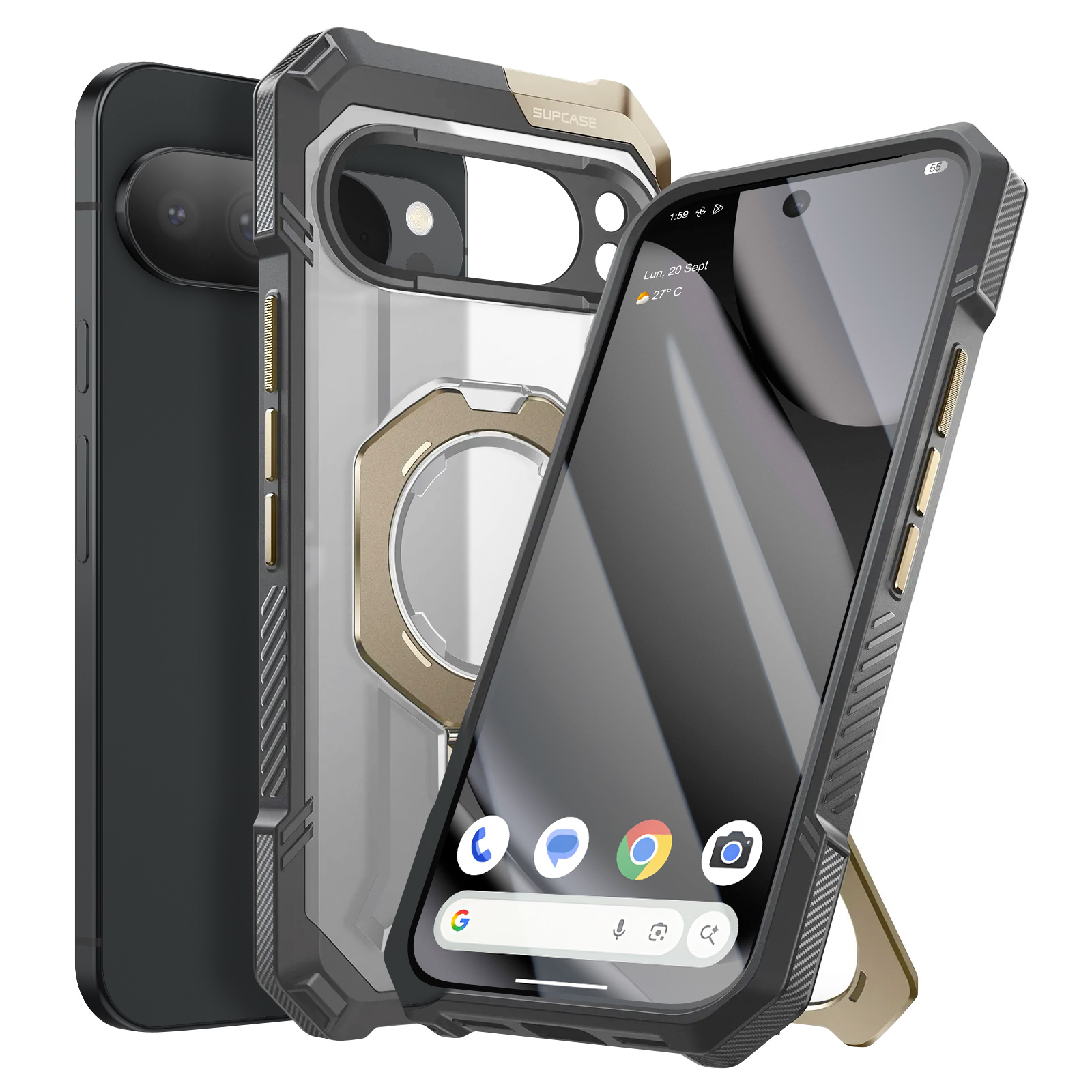 Drei Smartphones in Schutzhüllen. Eines ist angewinkelt und zeigt einen Bildschirm mit Symbolen. Hüllen sind schwarz, gold und klar.