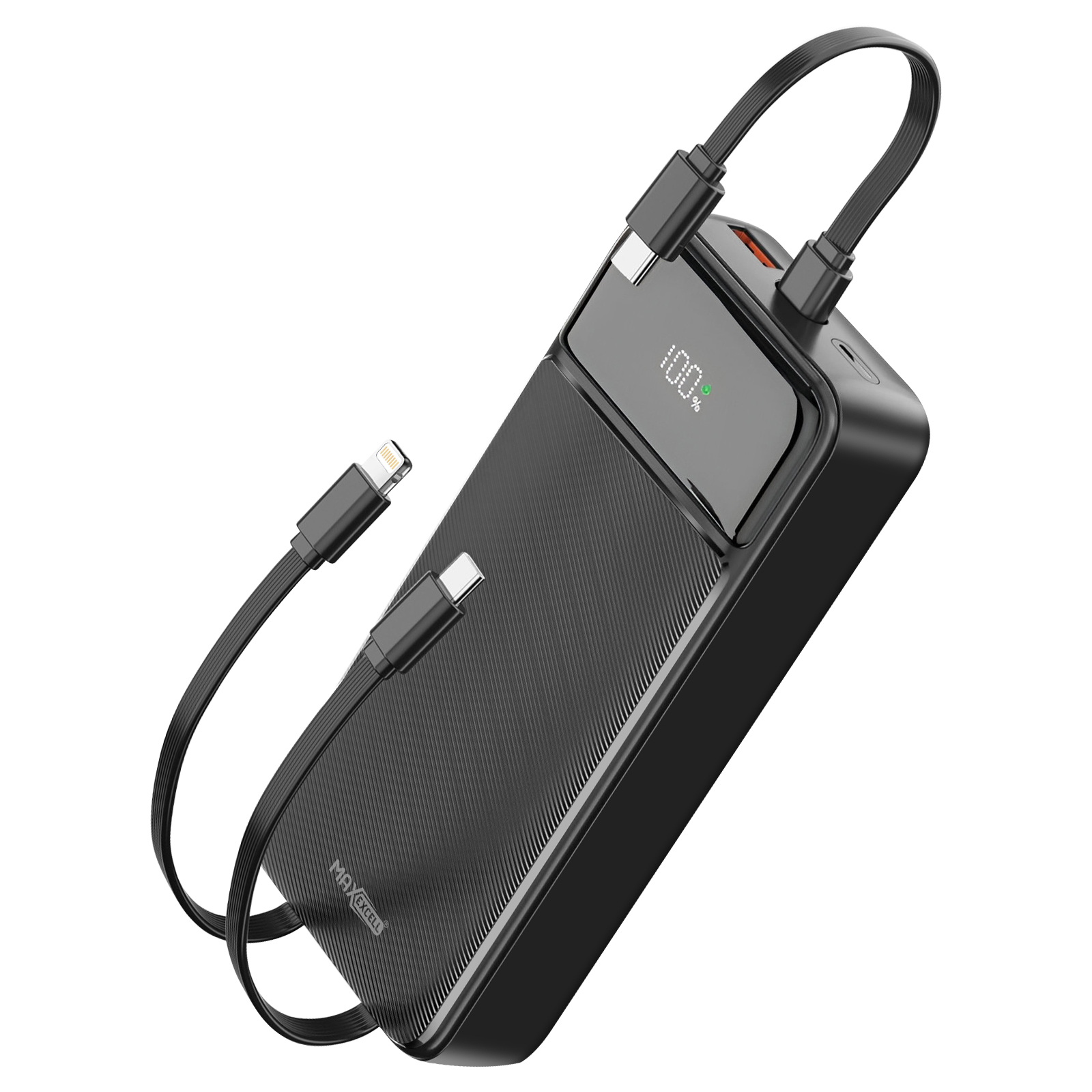 Schwarze Powerbank mit zwei angeschlossenen Kabeln, eines mit USB-C und das andere mit Lightning-Anschluss, zeigt 100%.