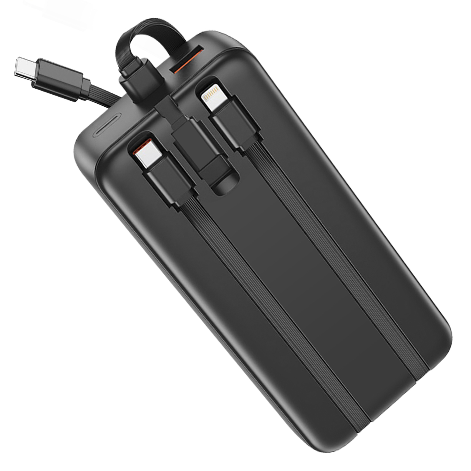 Schwarze Powerbank mit mehreren Ladekabeln, darunter USB-C, Lightning und USB-A, auf weißem Hintergrund.