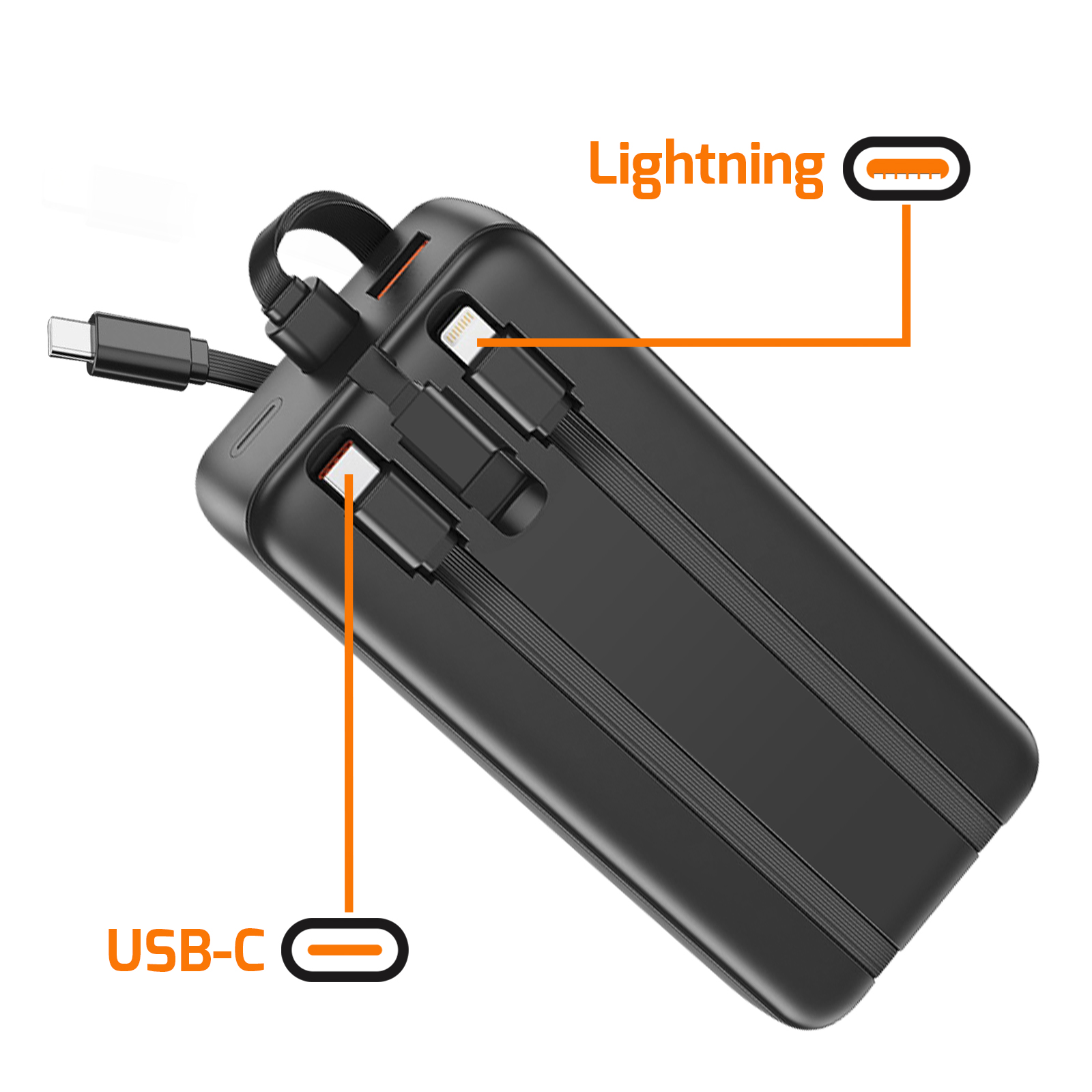 Schwarze Powerbank mit USB-C-, Lightning- und anderen Ladeanschlüssen. Sie hat mehrere Kabel und orangefarbene Etiketten.