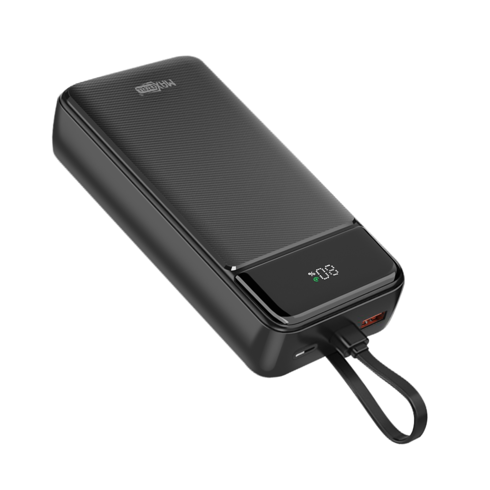 Eine schwarze Powerbank mit digitaler Anzeige, die 80 % anzeigt. Ein Kabel ist angeschlossen und hat eine Handschlaufe. Das Gerät befindet sich auf weißem Hintergrund.
