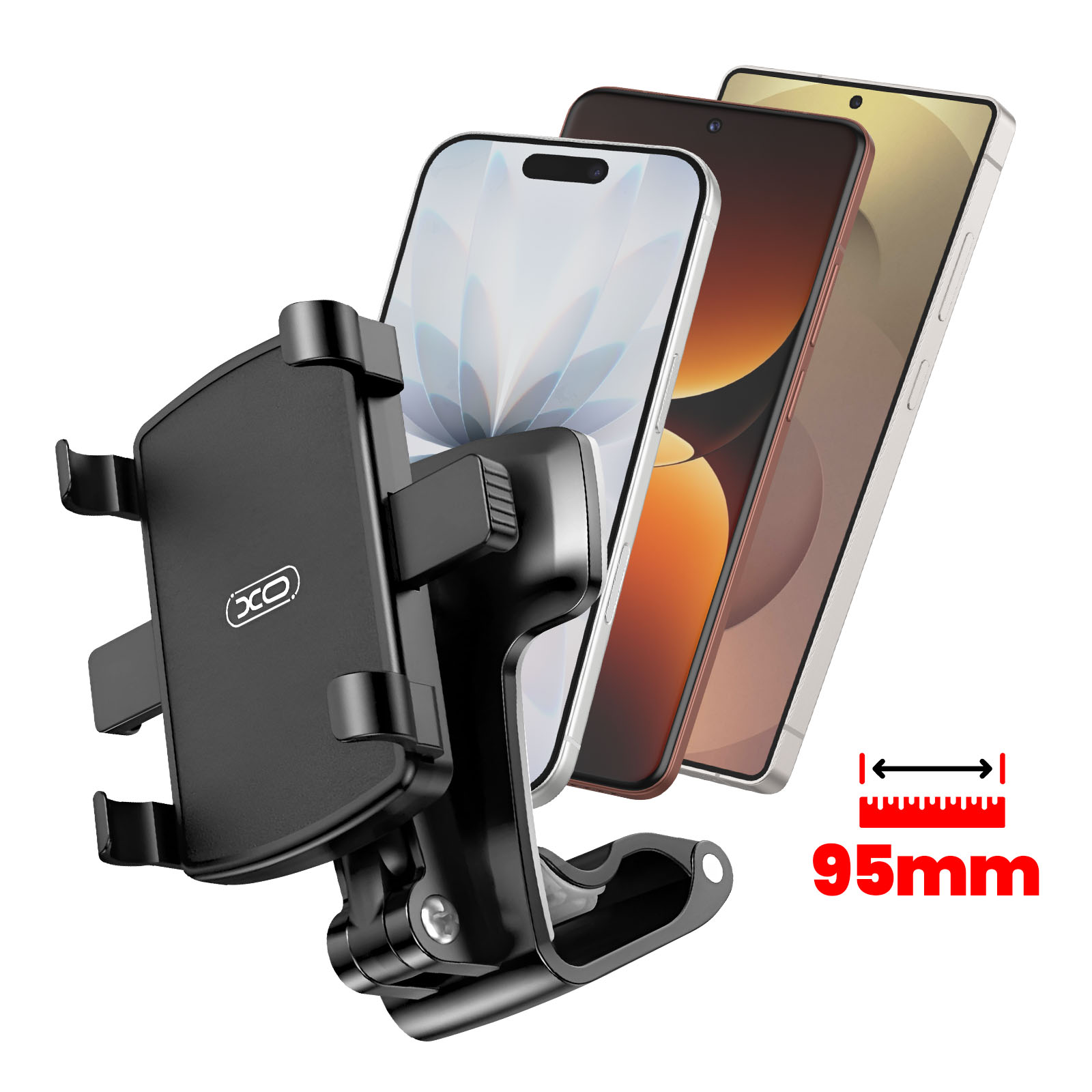 Schwarzer Telefonhalter mit drei Telefonen. Abmessung ist 95 mm. Telefone sind weiß, braun und gold.