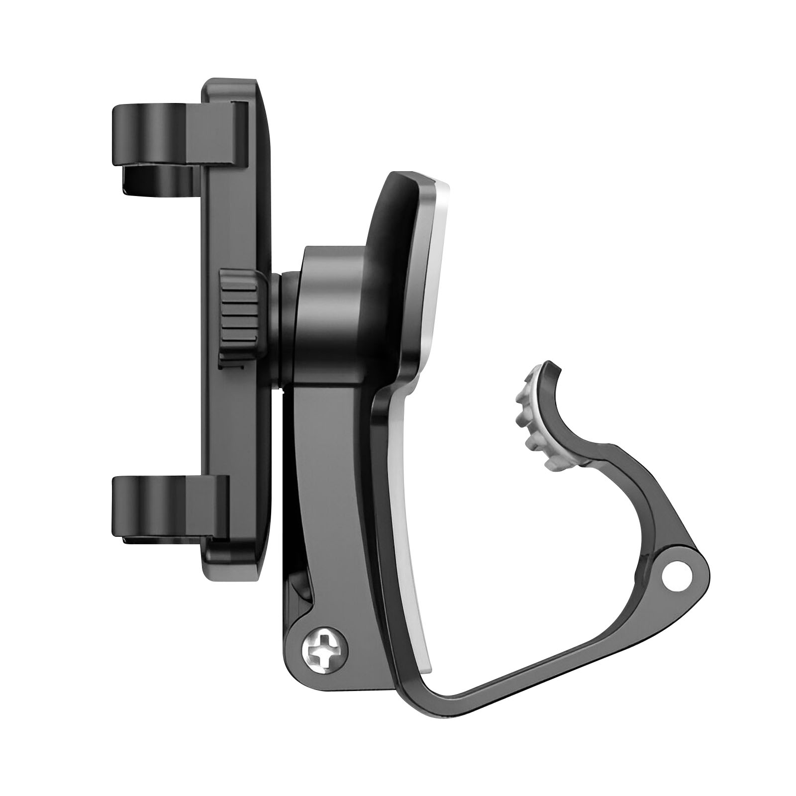 Seitenansicht einer schwarzen Telefonhalterung. Sie hat eine Klemme, einen verstellbaren Arm und einen Montageclip.