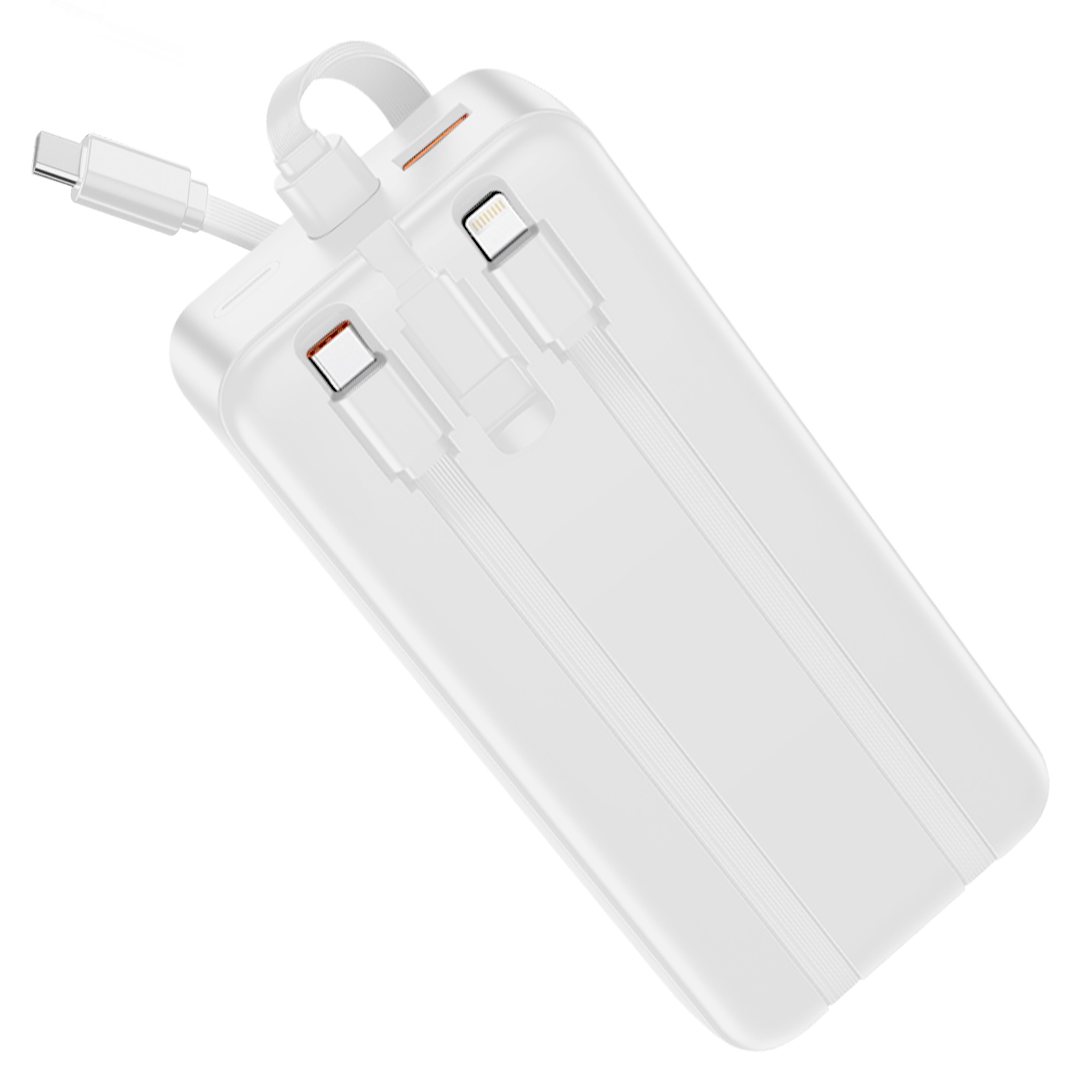 Batterie externe blanche avec plusieurs connecteurs, dont USB-C et Lightning, sur fond blanc.