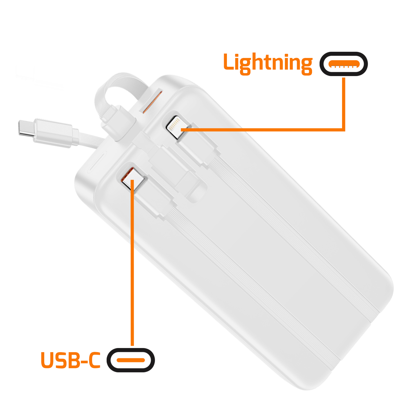 Batterie externe blanche avec ports Lightning et USB-C. Étiqueté Lightning et USB-C. Câbles attachés. Fond blanc.