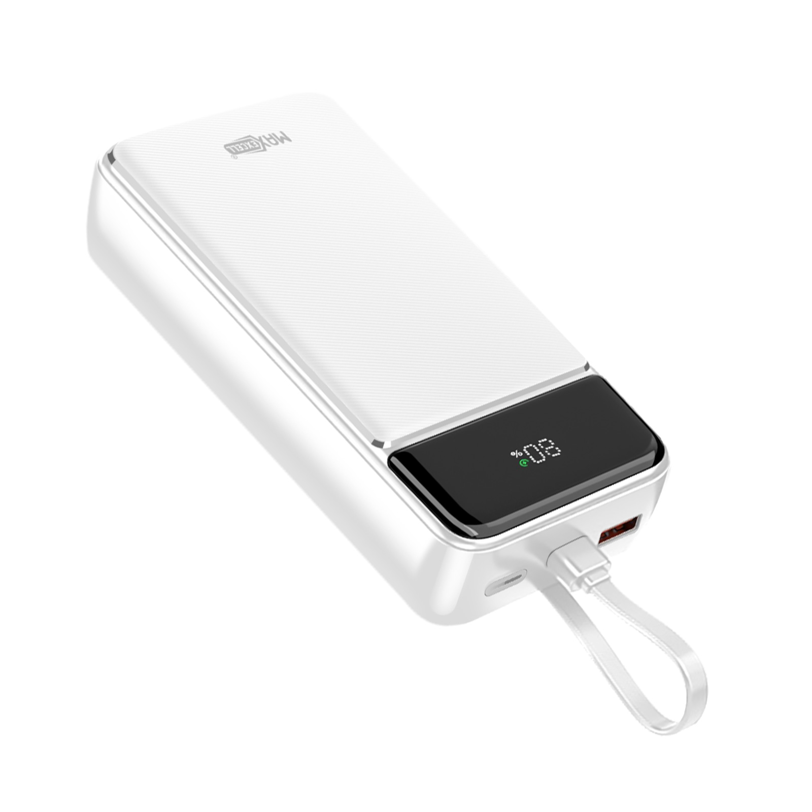 Une batterie externe blanche avec un écran noir affichant 80 %. Une sangle blanche est attachée. La marque est Maxcell.