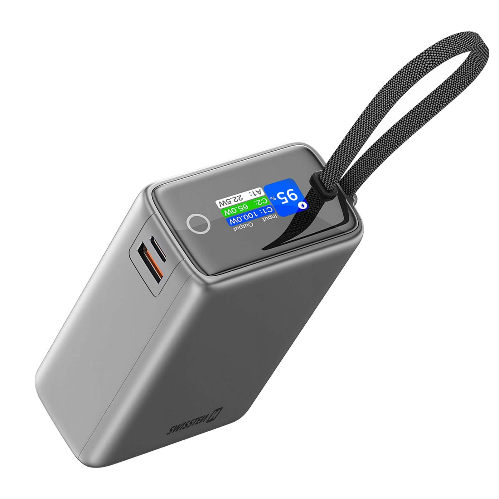 Graue Powerbank mit Bildschirm, der 95% anzeigt. Sie hat einen schwarzen Riemen und zwei orangefarbene USB-Anschlüsse.