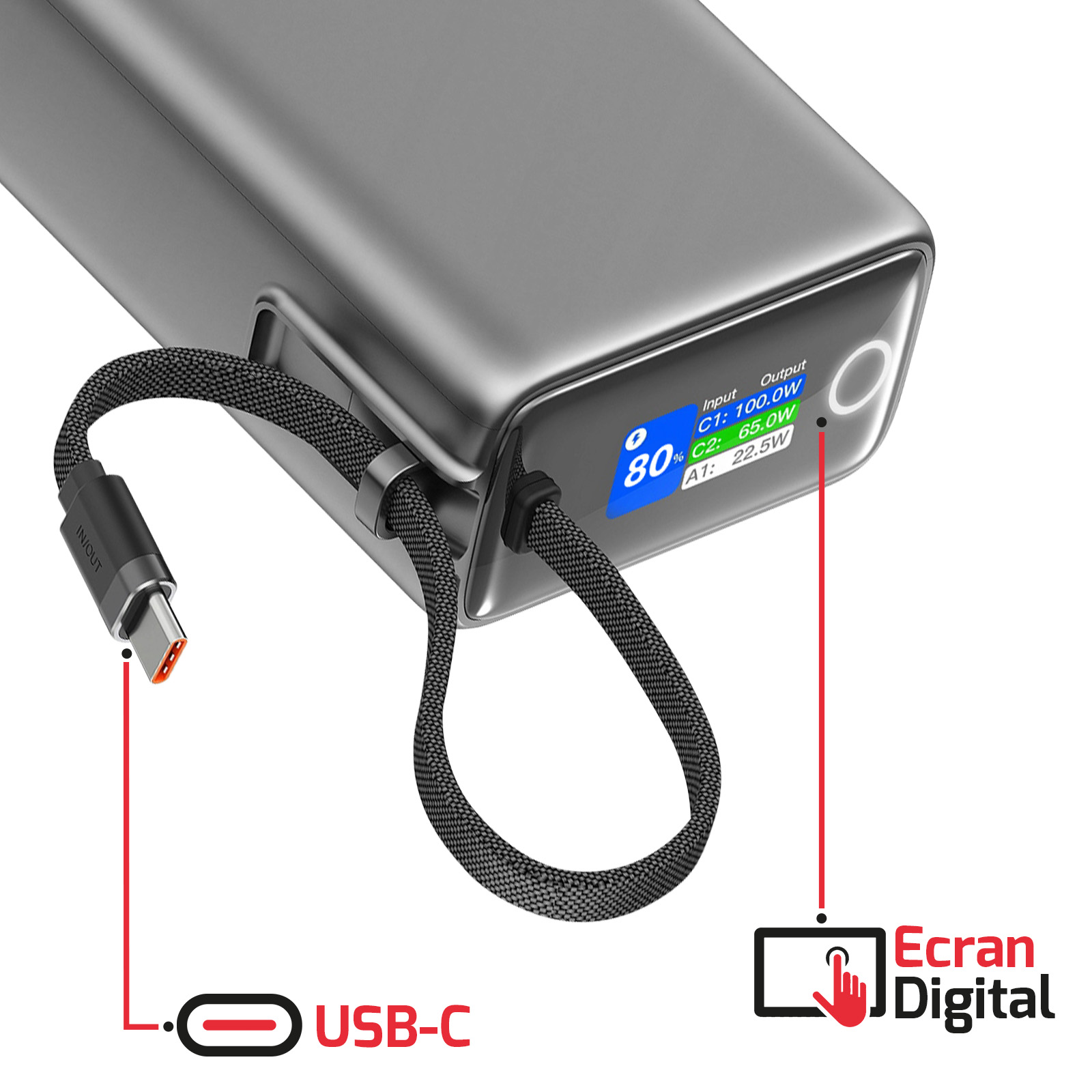 Graue Powerbank mit Bildschirm, der den Ladestatus anzeigt. Ein USB-C-Kabel ist angeschlossen. Text: Ecran Digital, USB-C.