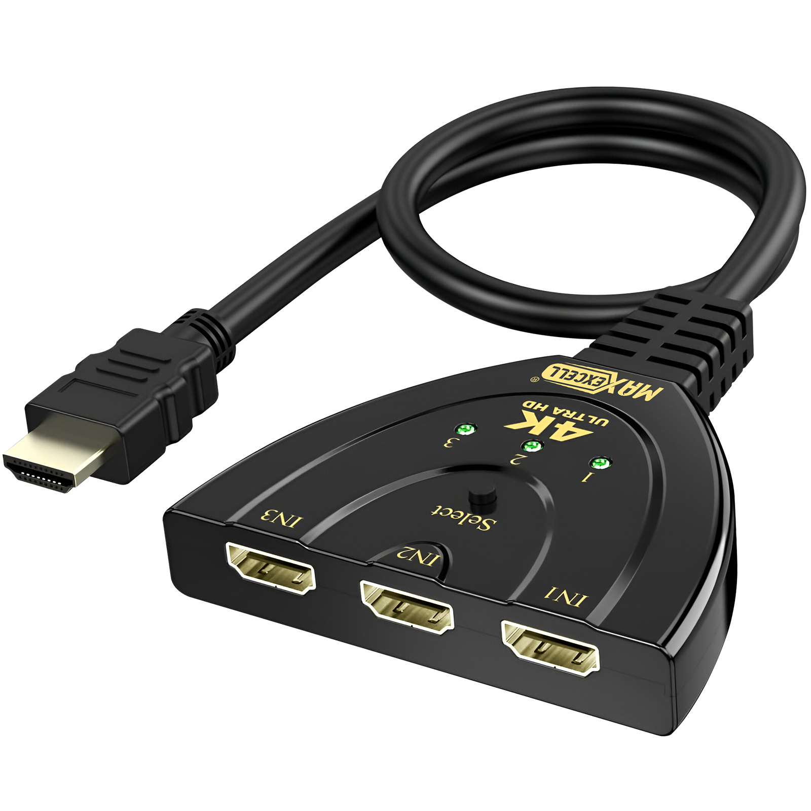 Switch HDMI nero con tre ingressi, un cavo e un connettore. Ha un pulsante e luci verdi.