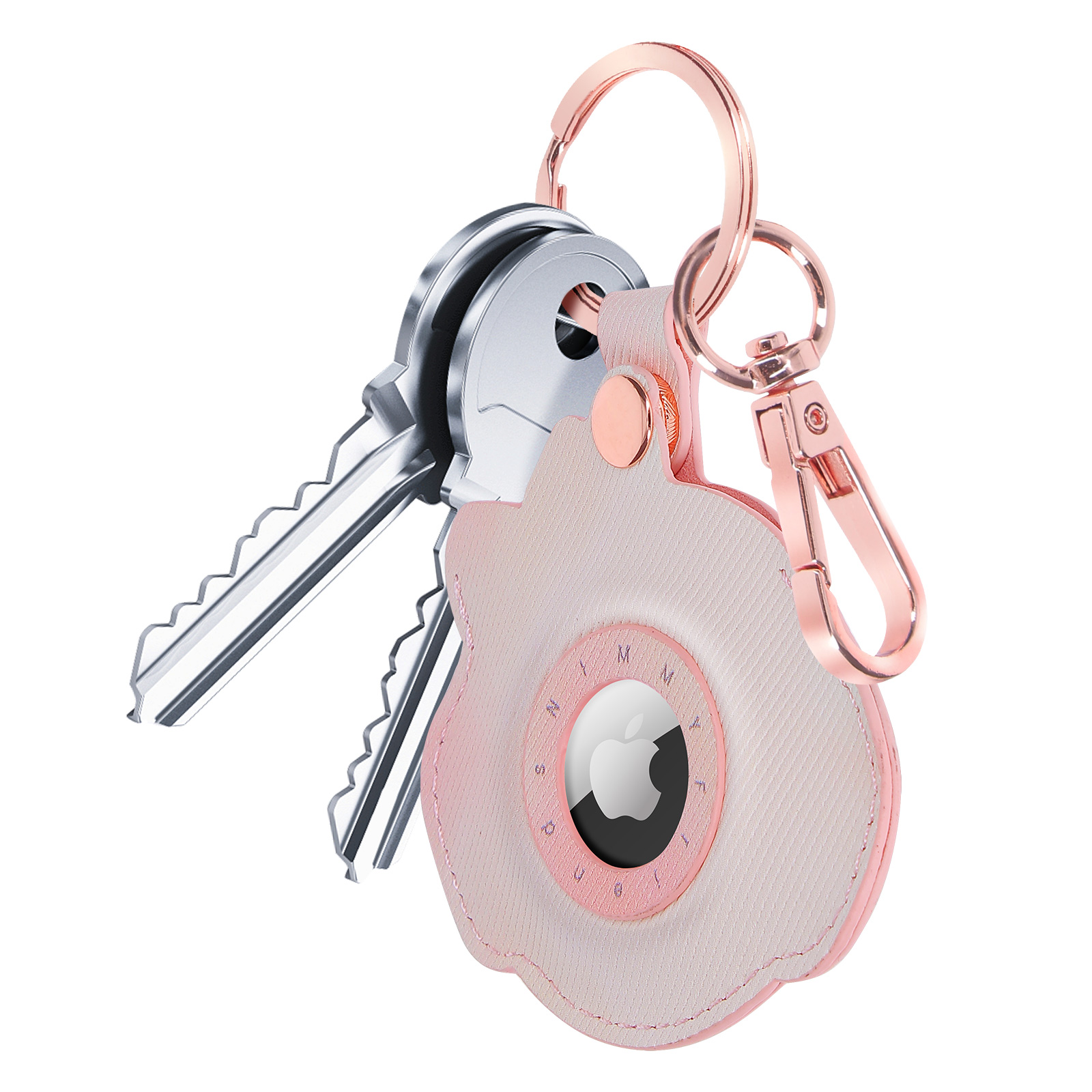Un portachiavi con chiavi e un supporto AirTag. Il supporto è rosa con anello e chiusura oro rosa. Le chiavi sono argentate.