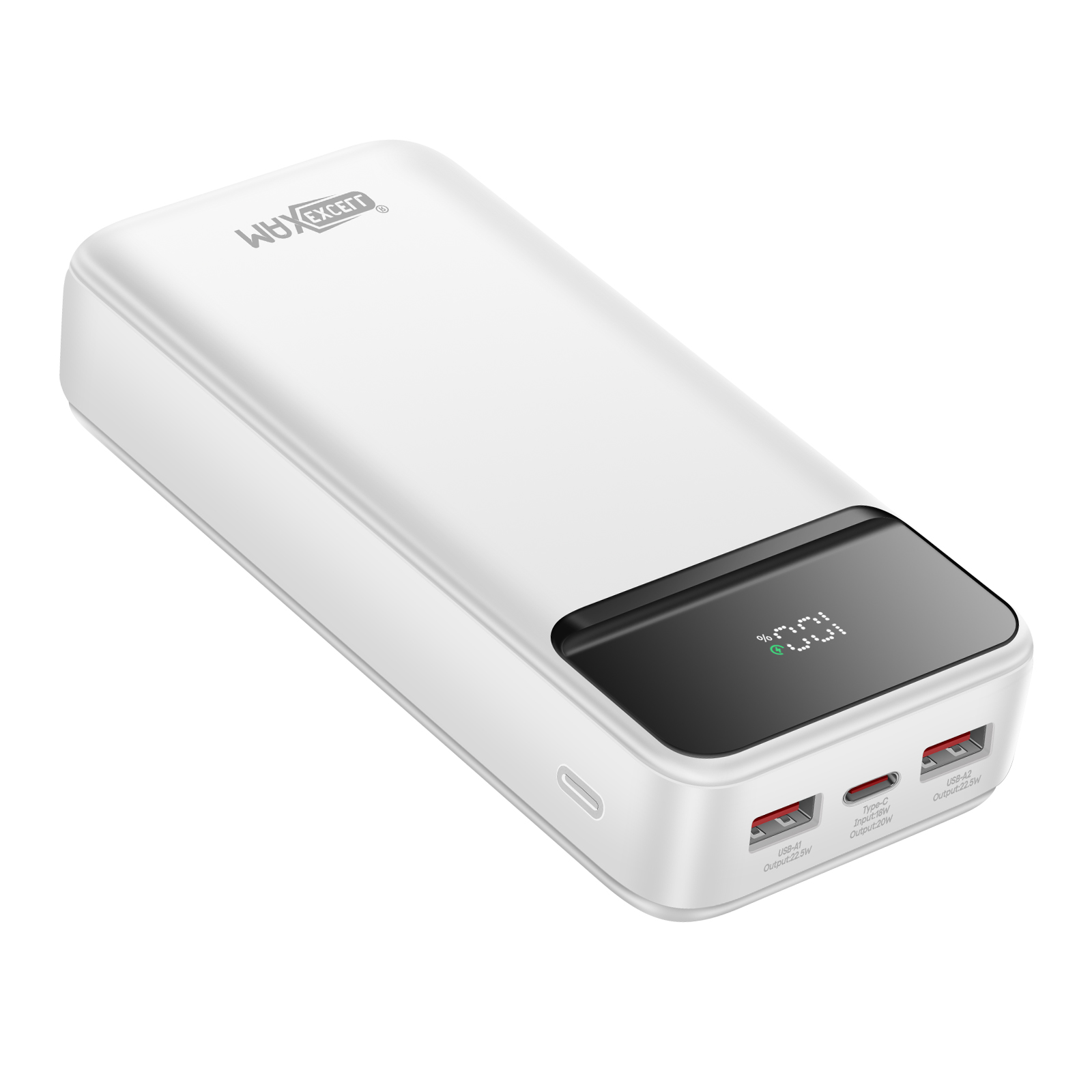 Un power bank bianco con display nero che mostra il 100%. Ha porte USB e Type-C. Il marchio è WUXEXCETT.