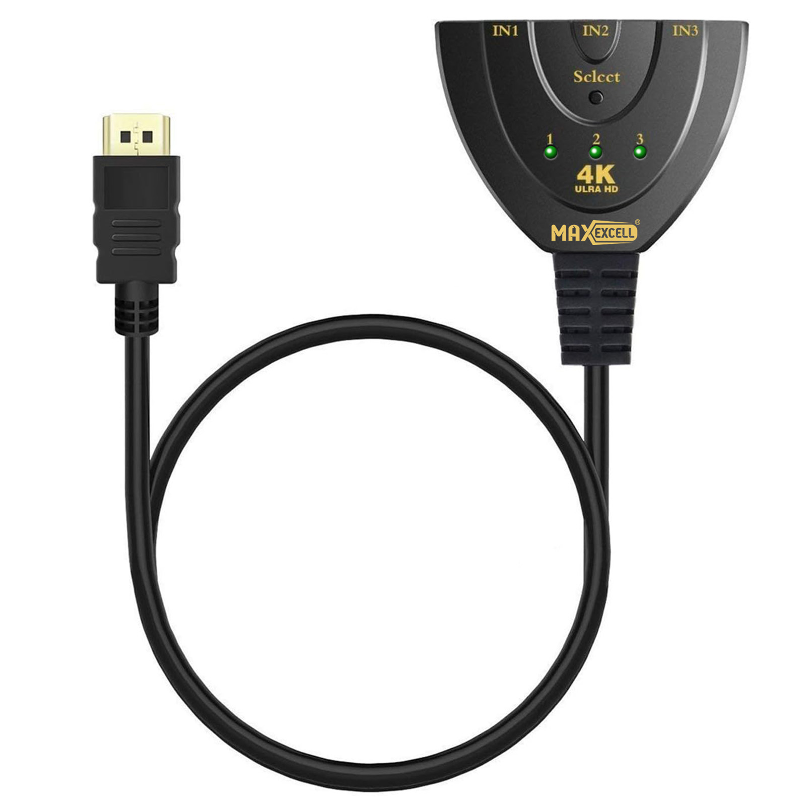 Switch HDMI nero con cavo collegato, 3 ingressi, 4K Ultra HD. Il cavo è curvo.