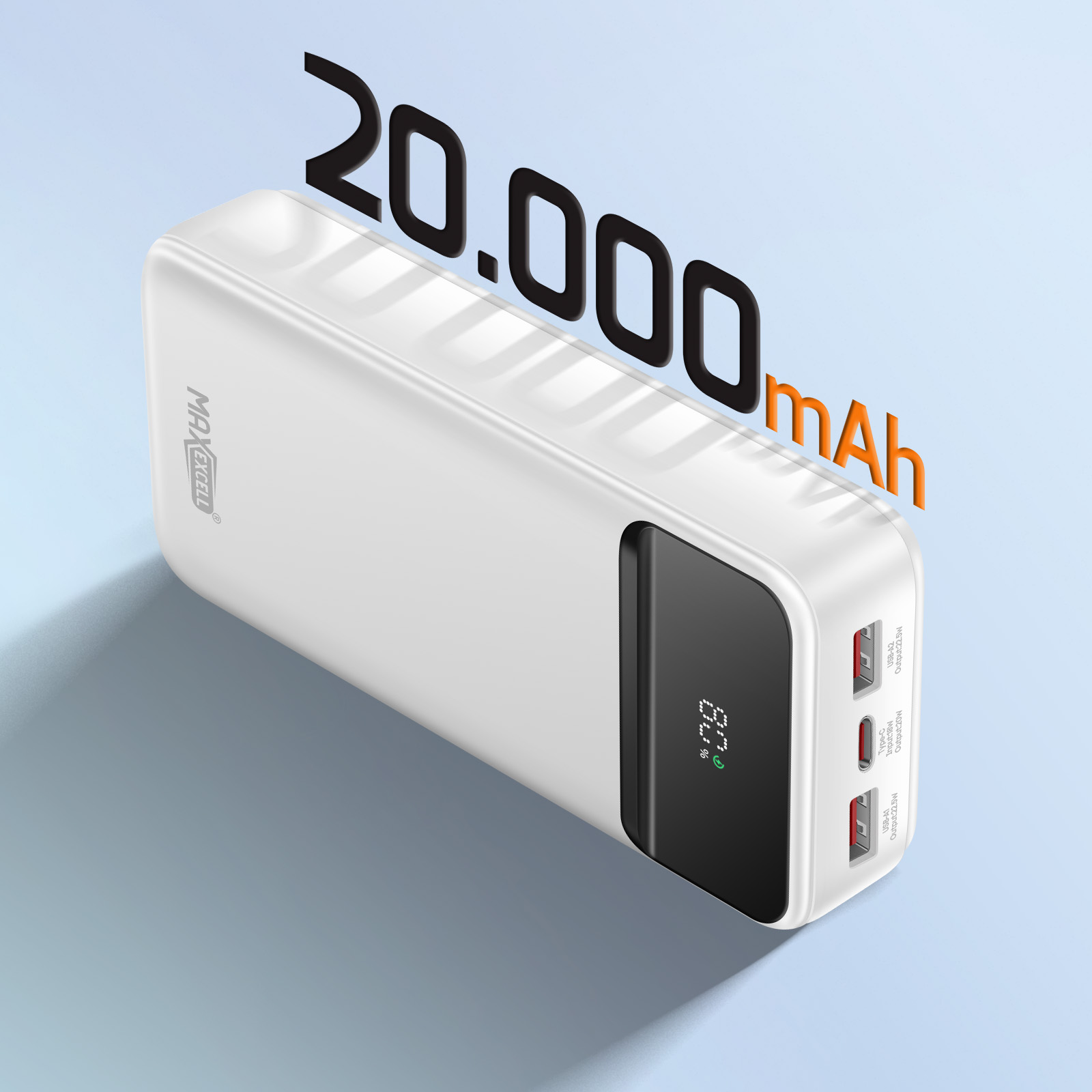 Un power bank bianco con display nero che mostra l'83%. Dice 20.000 mAh. Ci sono porte USB sul lato.