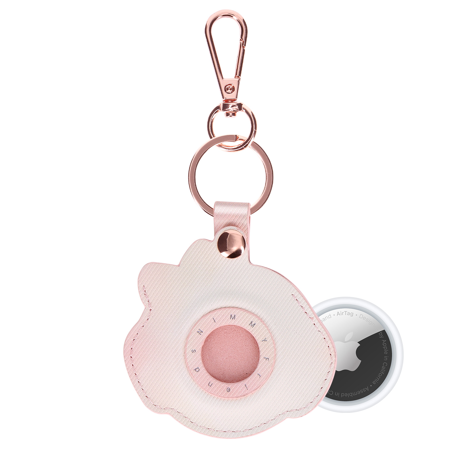 Un portachiavi color oro rosa con un supporto AirTag rosa. Un Apple AirTag è allegato. Il supporto ha la forma di un fiore.