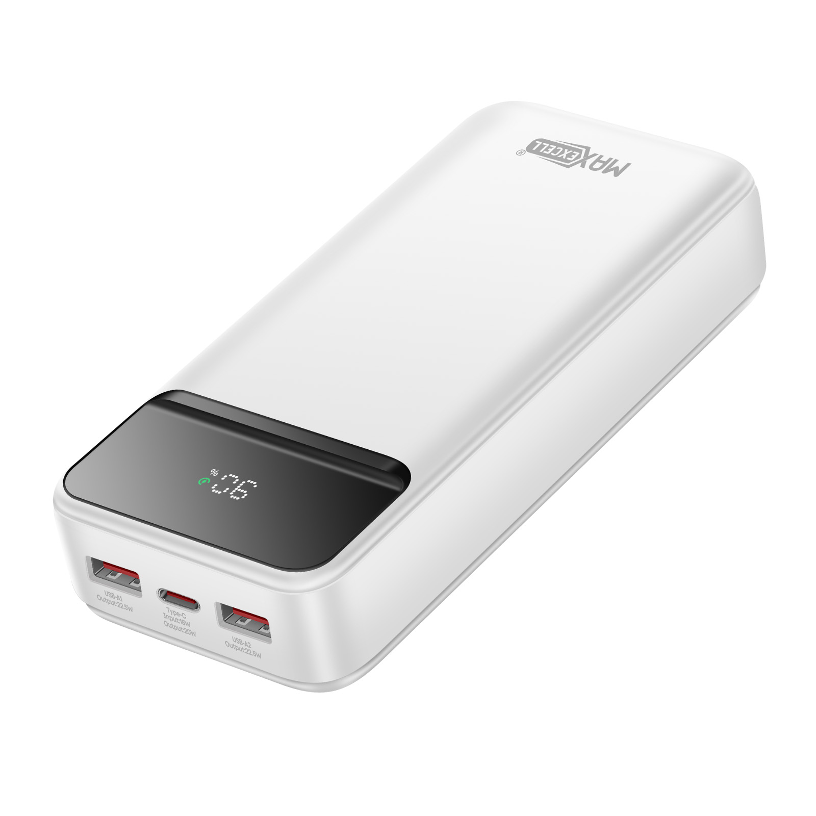 Un power bank MAXCELL bianco. Ha un display digitale che mostra il 96% di carica e più porte USB.
