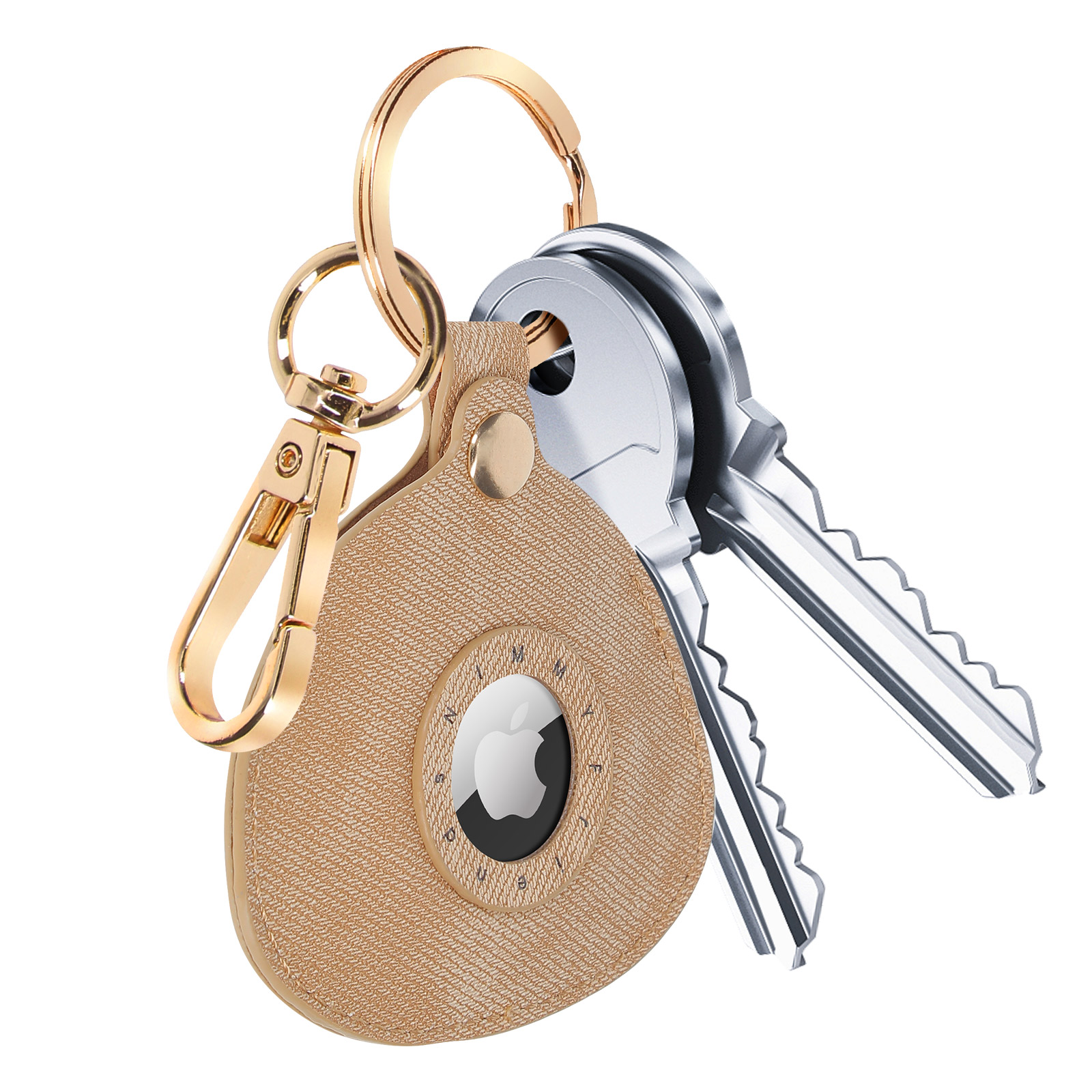 Un portachiavi con chiavi, un moschettone dorato e un supporto in pelle marrone chiaro con un Apple AirTag.