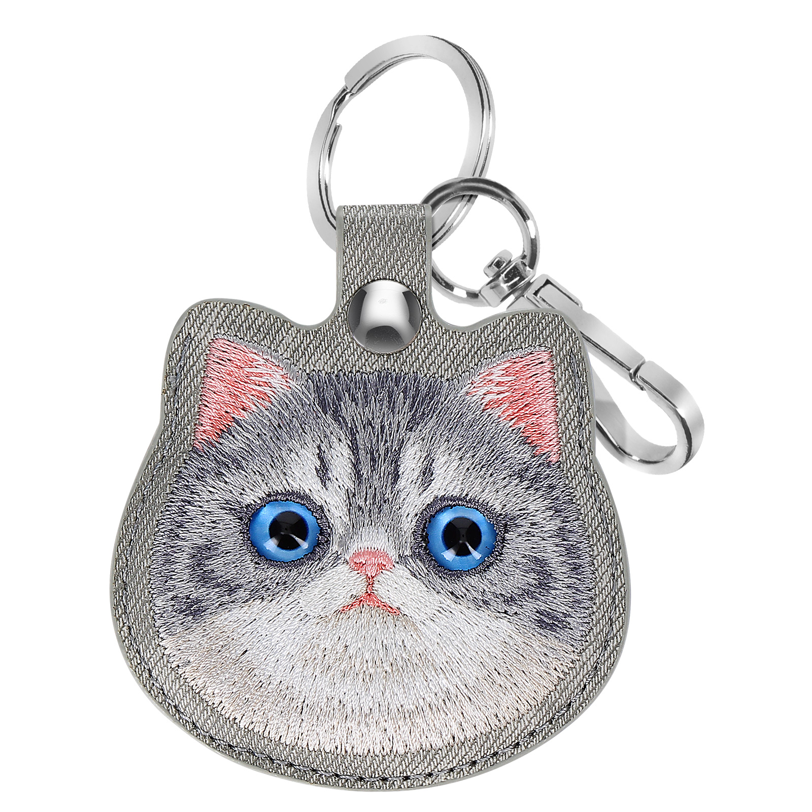Un portachiavi a forma di gatto con occhi blu e chiusura argentata. Il portachiavi è ricamato.