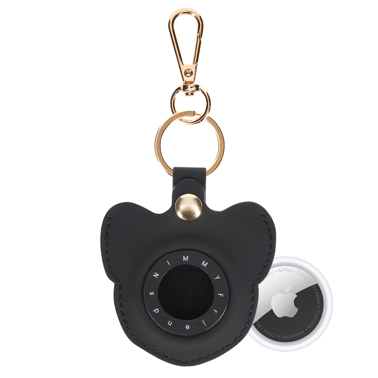 Un porta AirTag in pelle nera con portachiavi dorato. Un AirTag Apple è mostrato accanto.