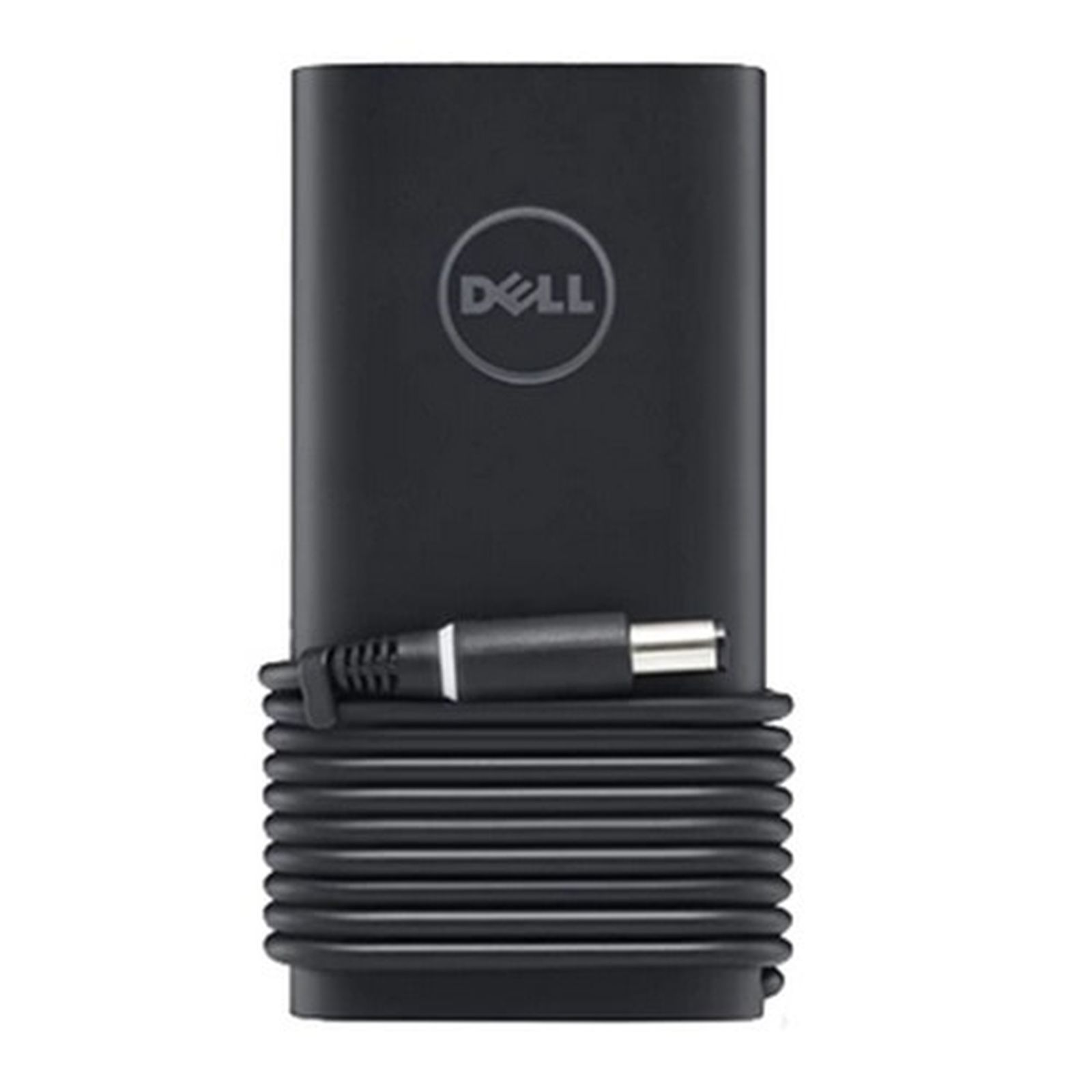 Schwarzes Dell Laptop-Ladegerät. Das Ladegerät und das Kabel sind schwarz, mit dem Dell-Logo. Das Kabel ist aufgerollt.