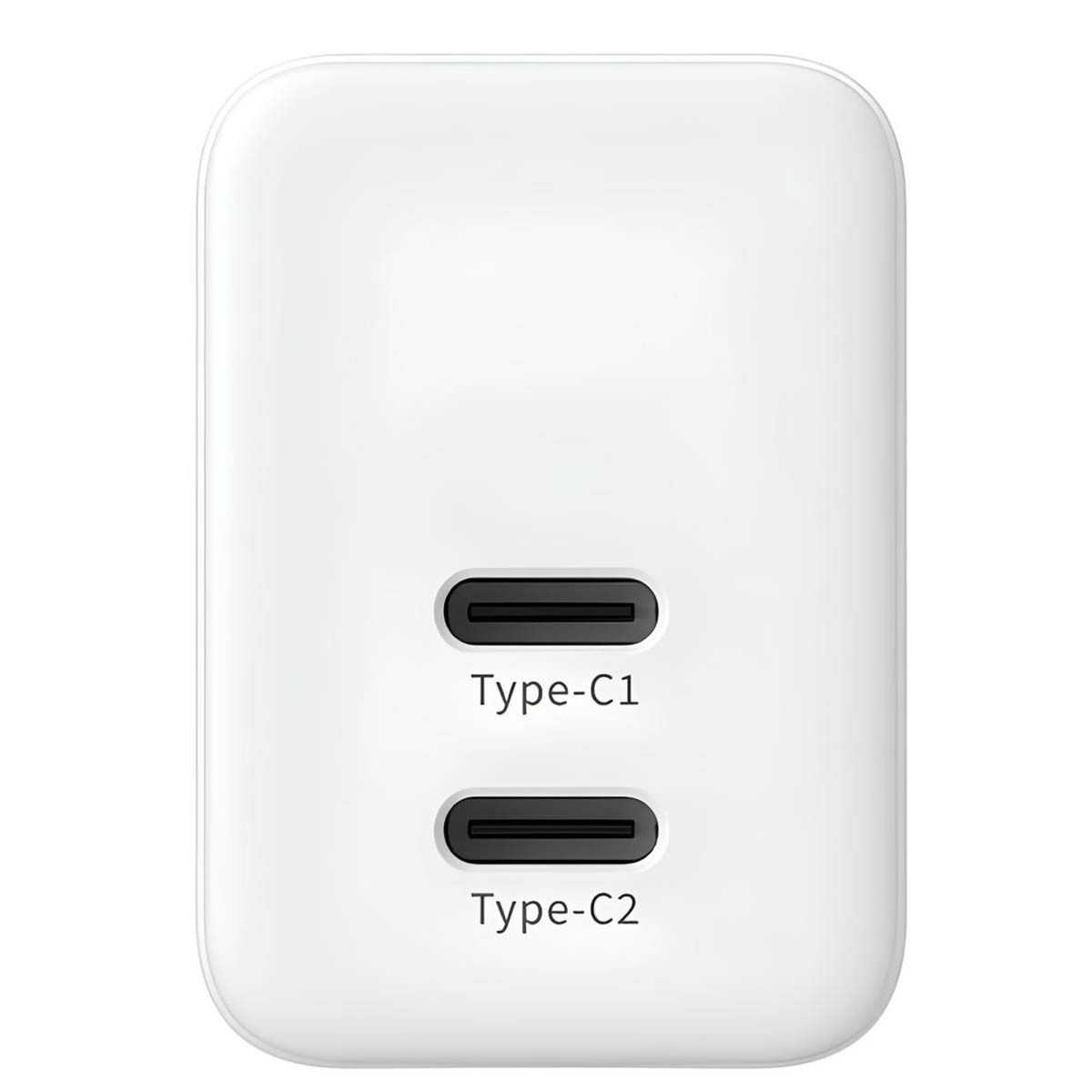 Un chargeur rectangulaire blanc avec deux ports Type-C étiquetés C1 et C2, tous deux noirs.