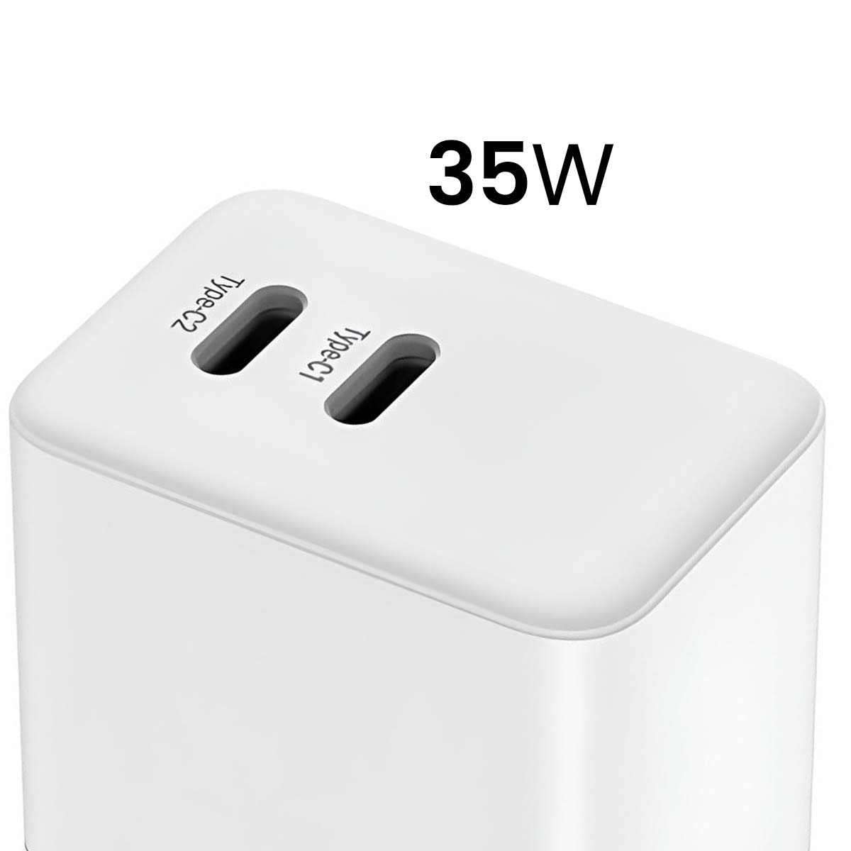 Un chargeur blanc avec deux ports Type-C étiquetés 'Type-C1' et 'Type-C2'. Il y a '35W' imprimé au-dessus.