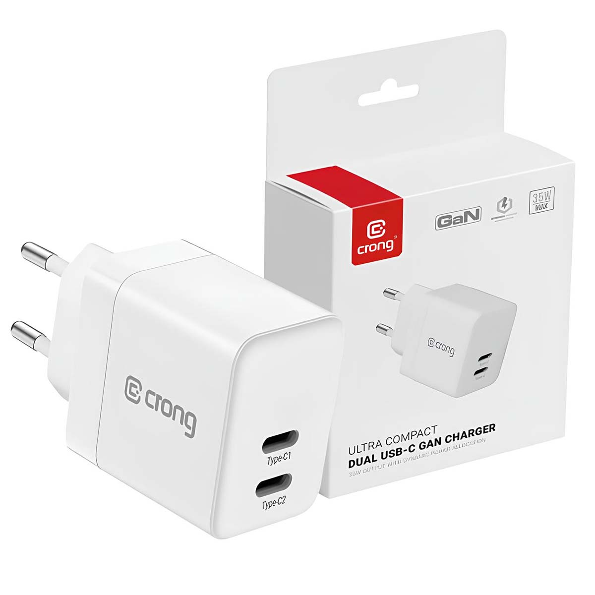 Un chargeur GaN USB-C double blanc avec le logo 'crong'. Il est emballé dans une boîte blanche avec des accents rouges.
