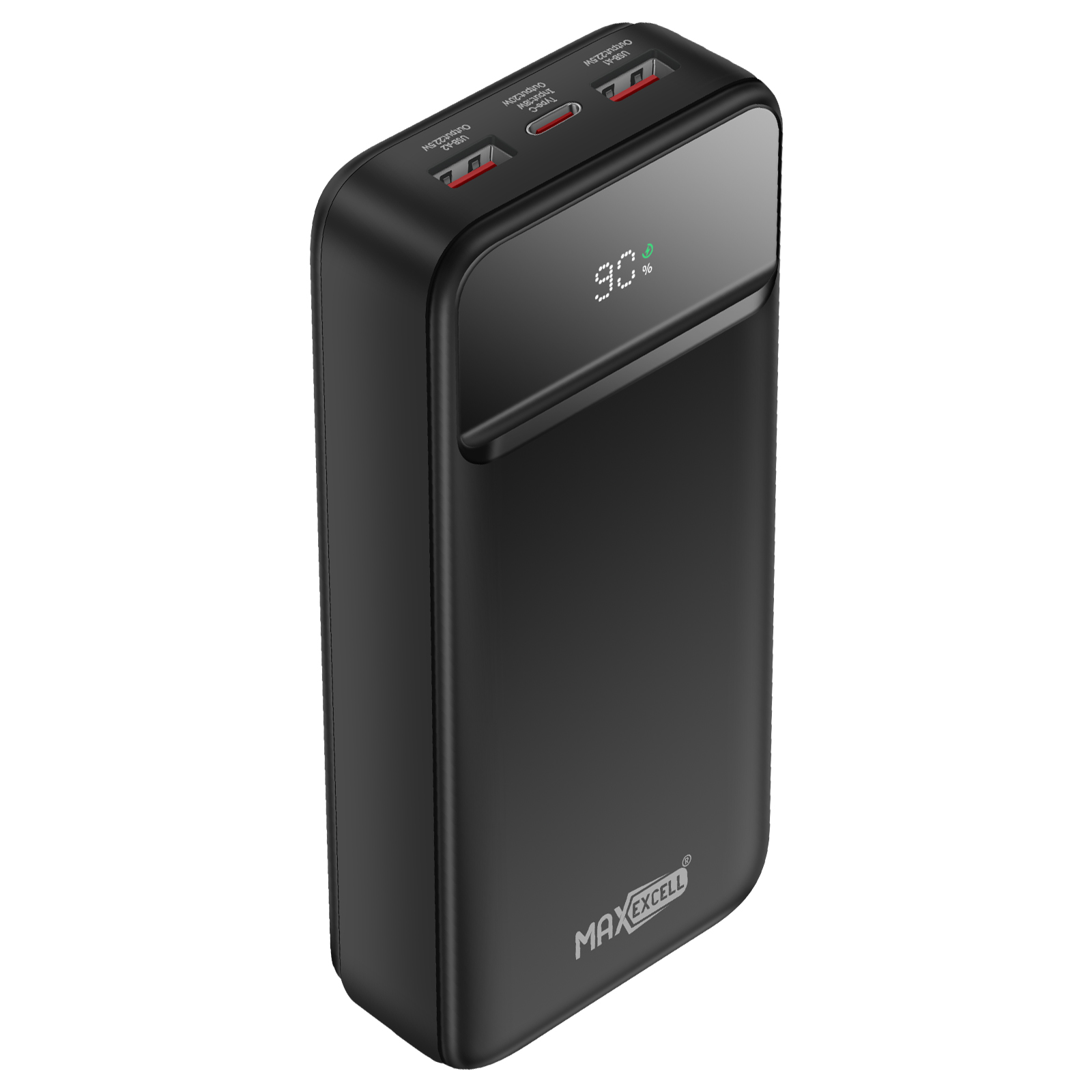 Schwarze Powerbank mit USB-Anschlüssen und einem Display mit 90%. Markenname MAXEXCELL sichtbar.