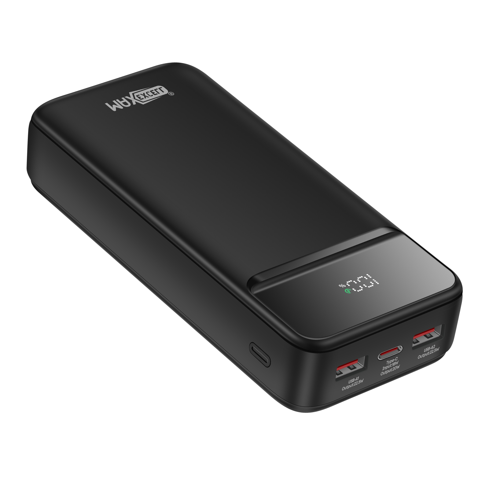 Eine schwarze Powerbank mit digitaler Anzeige von 100%. Sie hat mehrere USB-Anschlüsse.