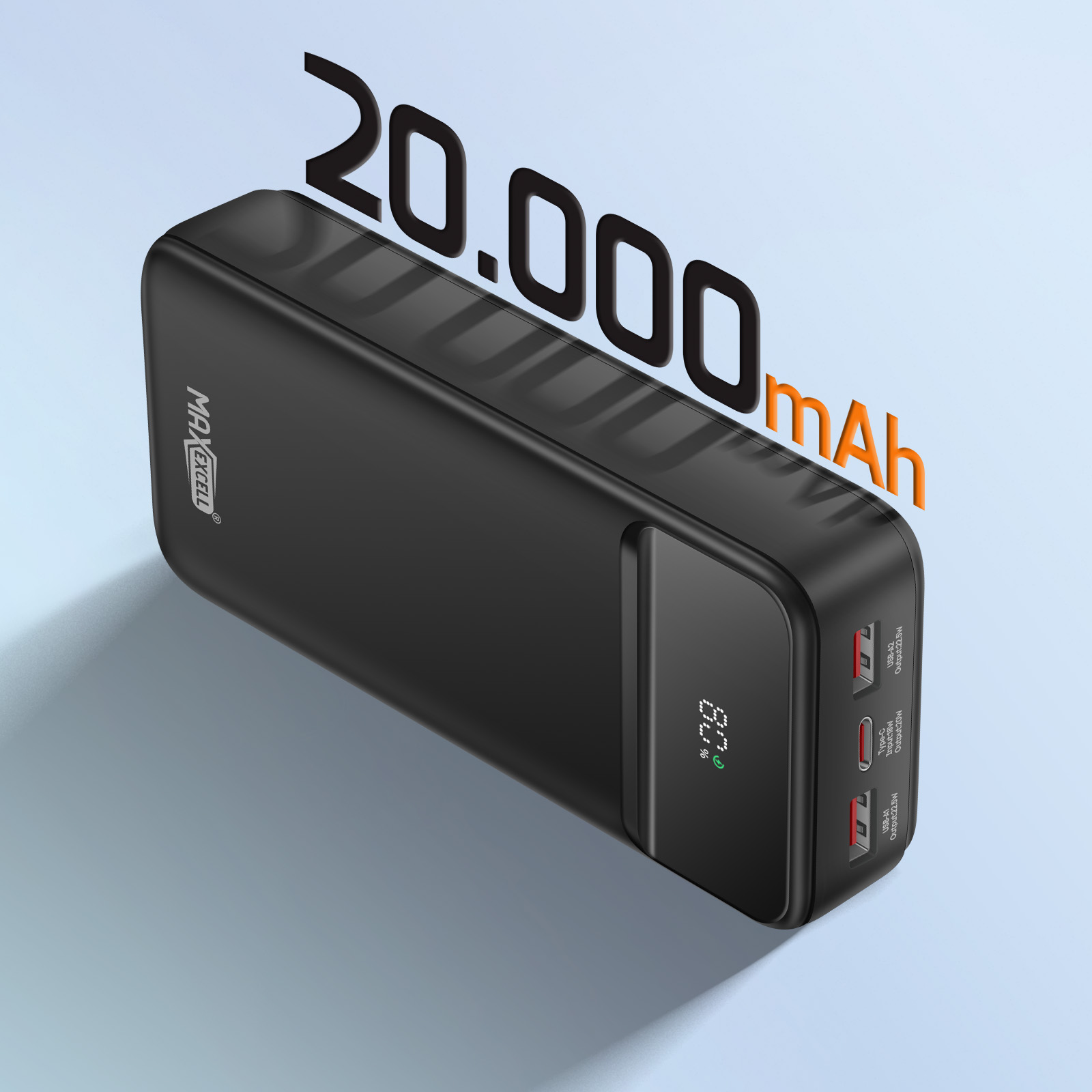 Schwarze Powerbank mit 20.000 mAh. Sie hat ein Display mit 80 % Ladung und mehrere USB-Anschlüsse.