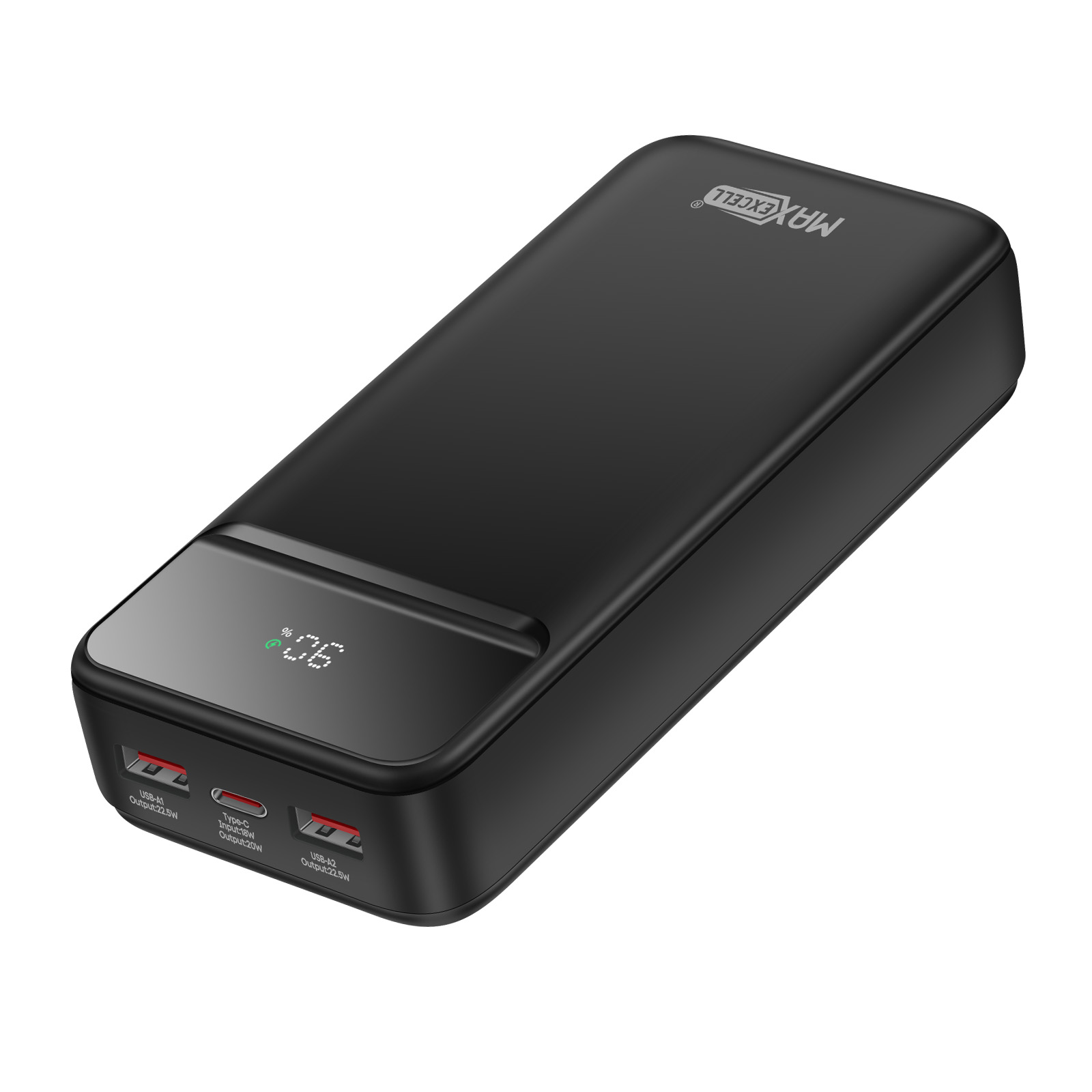 Schwarze Powerbank mit Digitalanzeige, die 96% anzeigt. Sie hat USB- und Typ-C-Anschlüsse. Die Marke ist Maxcell.
