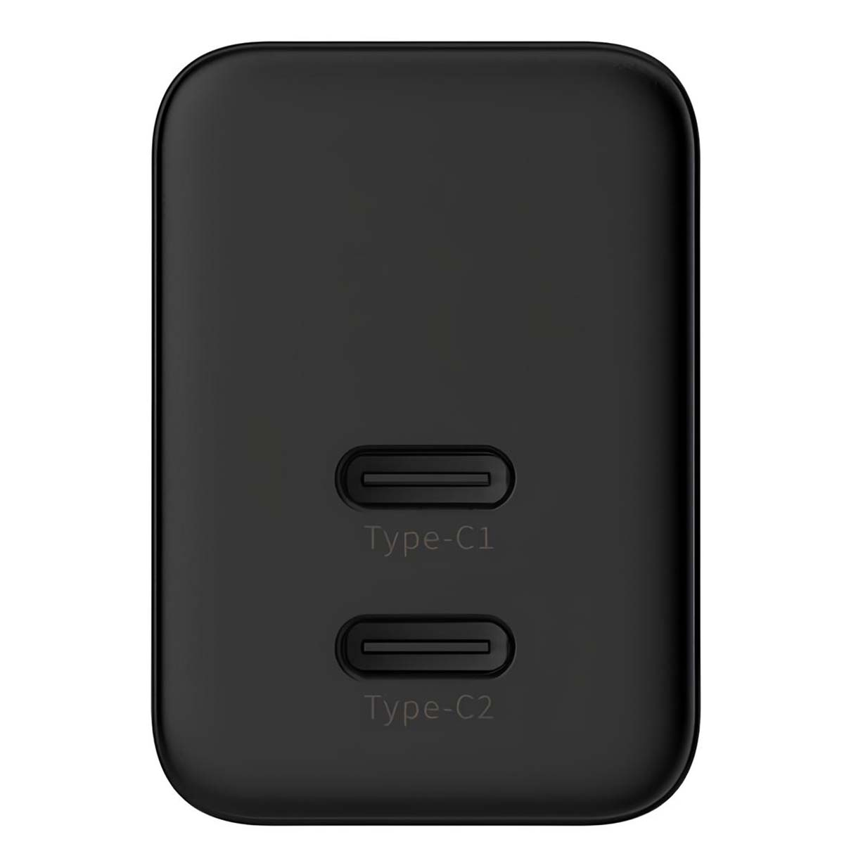 Gros plan d'un chargeur noir avec deux ports Type-C étiquetés 'Type-C1' et 'Type-C2'.